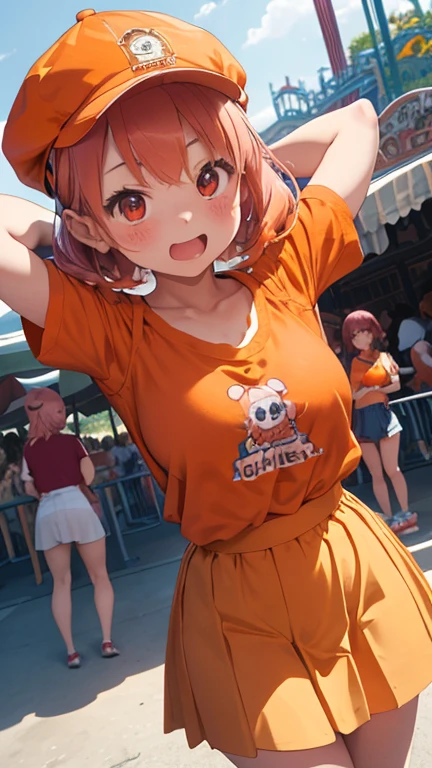 masterpiece、highest quality、Very detailed、Photograph the upper body、1 female、(Put your arms behind your back:1.2)、Are standing、Turn your body forward、View your viewers、(amusement-park- staff,orange-shirt,orange-mini-skirt,orange-cap)、break,blush、shy、Pink Hair、Open your mouth、amusement park、Big Breasts、