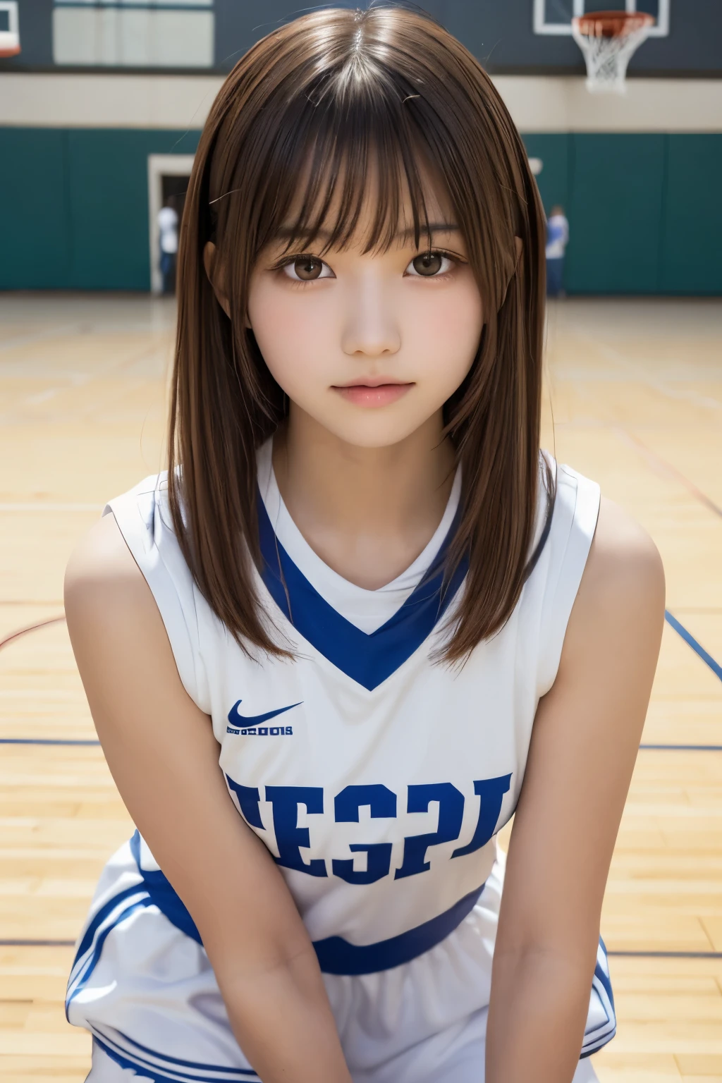 Tabletop, highest quality, One girl, (Beautiful girl, cute:1.3), (15 years old:1.3), Very fine grain definition, (Symmetrical eyes:1.3), (Basketball court), (White Uniform:1.2), Small breasts, Brown eyes, Parted bangs, Brown Hair,  girl