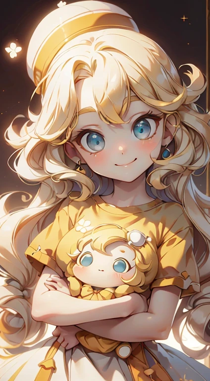 1 girl， Chibi T-shirt， Yellow Hair， Luxury Fabric，，deep， Looking at the audience， White Background、pretty girl、Cute expression、Luxury Dresses、Best image quality、masterpiece、Straight hair、hat、Cute Girls、smile、high resolution、Ultra delicate、Cute eyes