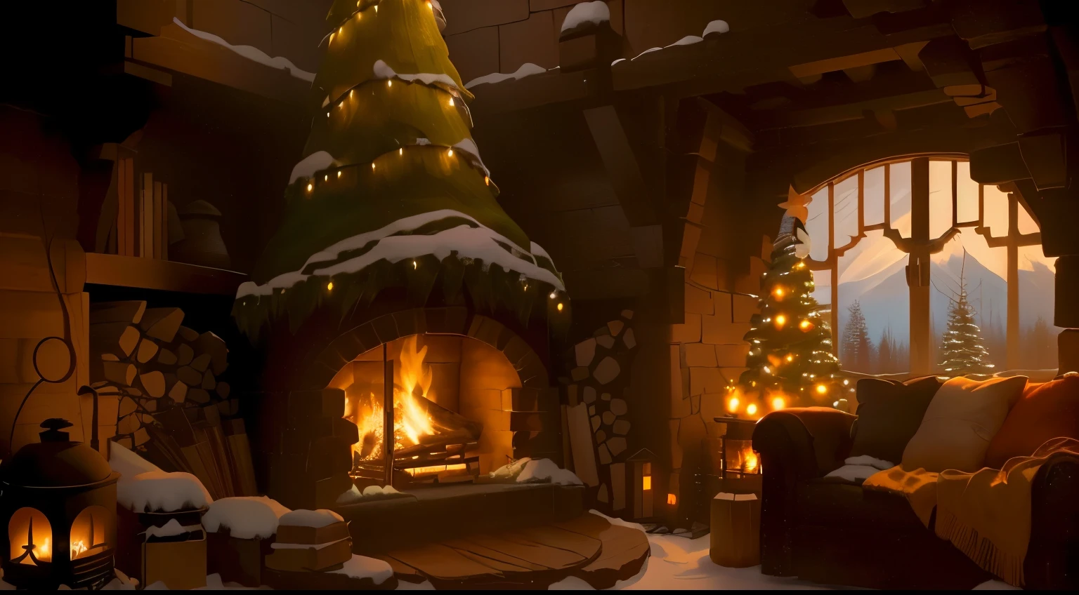 A cozy hobbit hat fireplace, winter ambient fill of objects, wood fire piles, a large window