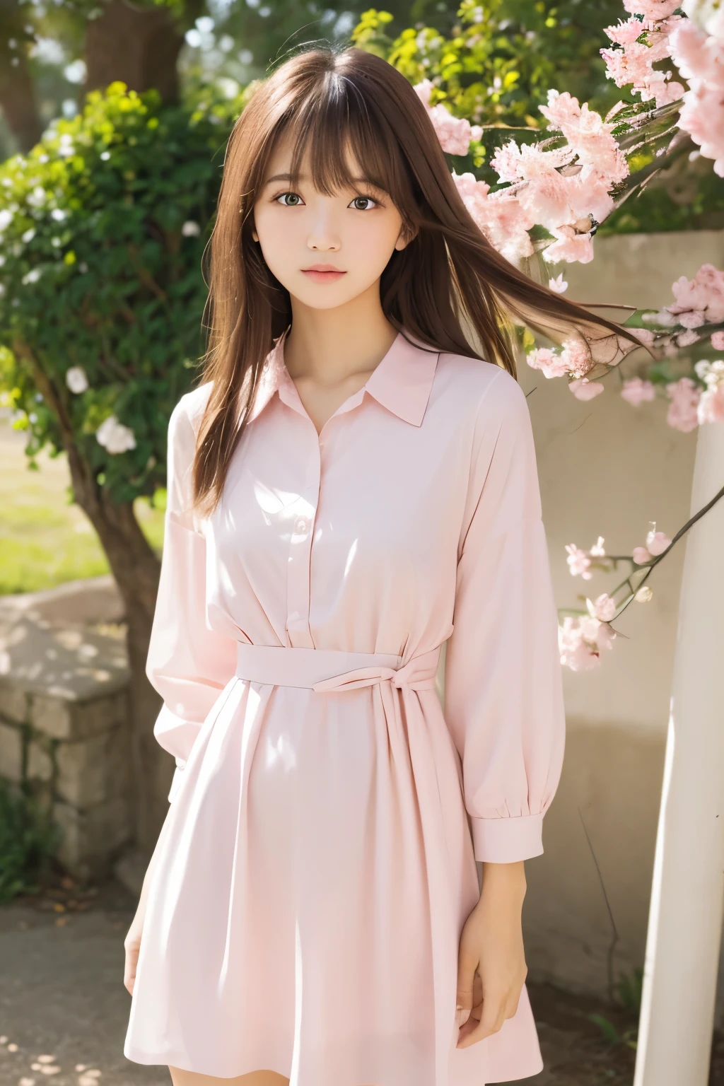 masterpiece, highest quality, Raw photo, Pastel Pinkの庭, (The wind is blowing), beautiful girl, (delicate beauty, delicate), , White shirt dress, semi-long, With bangs, (wind shakes your hair), Fair skin, (Pure), light makeup, looking at the camera, gloss々Cheek, (Light on the cheeks), Pastel flowers, (Pastel Pink), Natural light, Beautiful girl, (Pure), Correct body structure