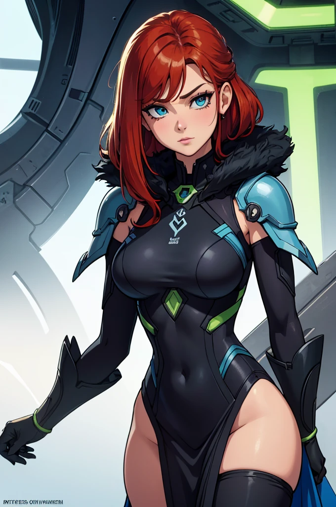 Maximum image quality, detalles sobresalientes, ultra high resolution, the best illustration, detalles de favor, de senos super grandes i de trasero grande, with a delicate face, redhead, blue eyes, that looks like my actress Khalifa, vestido super corto con un mecha negro y verde, sosteniendo un arma i un fondo negro con verde