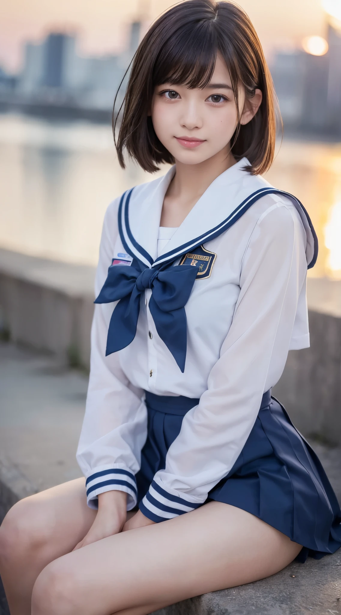 (highest quality,8K quality,masterpiece:1.3),(超High resolution,photoRealistic:1.4,Live Shooting),(Very detailed,Caustics,Detailed Background),(ultra-Realistic capture,Beautiful and detailed skin,Perfect Anatomy),At dusk,Sunset sky,School building,Schoolyard,,cute,single eyelid,Black short hair,Sailor suit、Attractive thighs、,Looking at the camera,A sloppy smile,Bust up shot,Natural light、Uruchan-6500-v1.1, (RAW Photos:1.2), (Realistic:1.4), Beautiful detailed girl, Very detailed eyes and face, Beautiful and beautiful eyes, that'Ridiculous, incredibly that'Ridiculous, Large file size, Very detailed, High resolution, Very detailed, highest quality, masterpiece, Kemomimi, ((Japanese Girls' High School Uniform)), shape, Very detailed, CG, Unified, 8k wallpaper, wonderful, The finer details, masterpiece, highest quality, Very detailed CG uniform 8k wallpaper, The light shines on your face, Cinema Lighting, 1 girl, 10 years old)), ((Dynamic pose))),, (Sit with your knees bent))、Black short bob、Sailor suit、Junior high school girl、cute smile、Big Breasts、