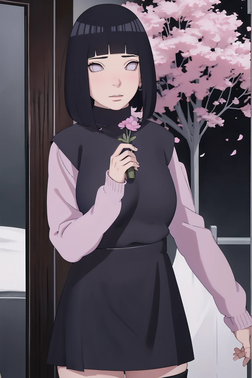 masterpiece, absurdres, hinata\(boruto\), 1girl, solo,mature female, tshirt long sleeve, black dress, black pant, high waist short skirt, looking at viewer, (falling petals), perfect composition, detailed lips, big breast, beautiful face, body propotion, blush, (pink lips), long hair, purple eyes, soft gaze, super realistic, detailed, photoshoot, realistic face and body, thighhighs, happy, closed mouth