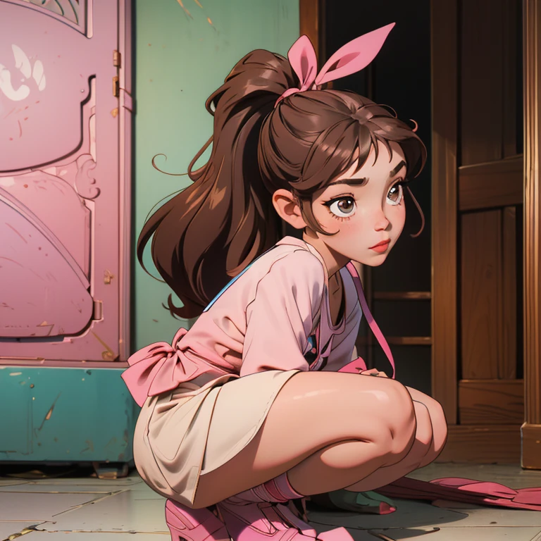  A mother and father talking to A beautiful girl with mid length brown hair in a half ponytail and she has a side bangs while She is wearing a beautiful pink dress and a very cute shoes with ribbon