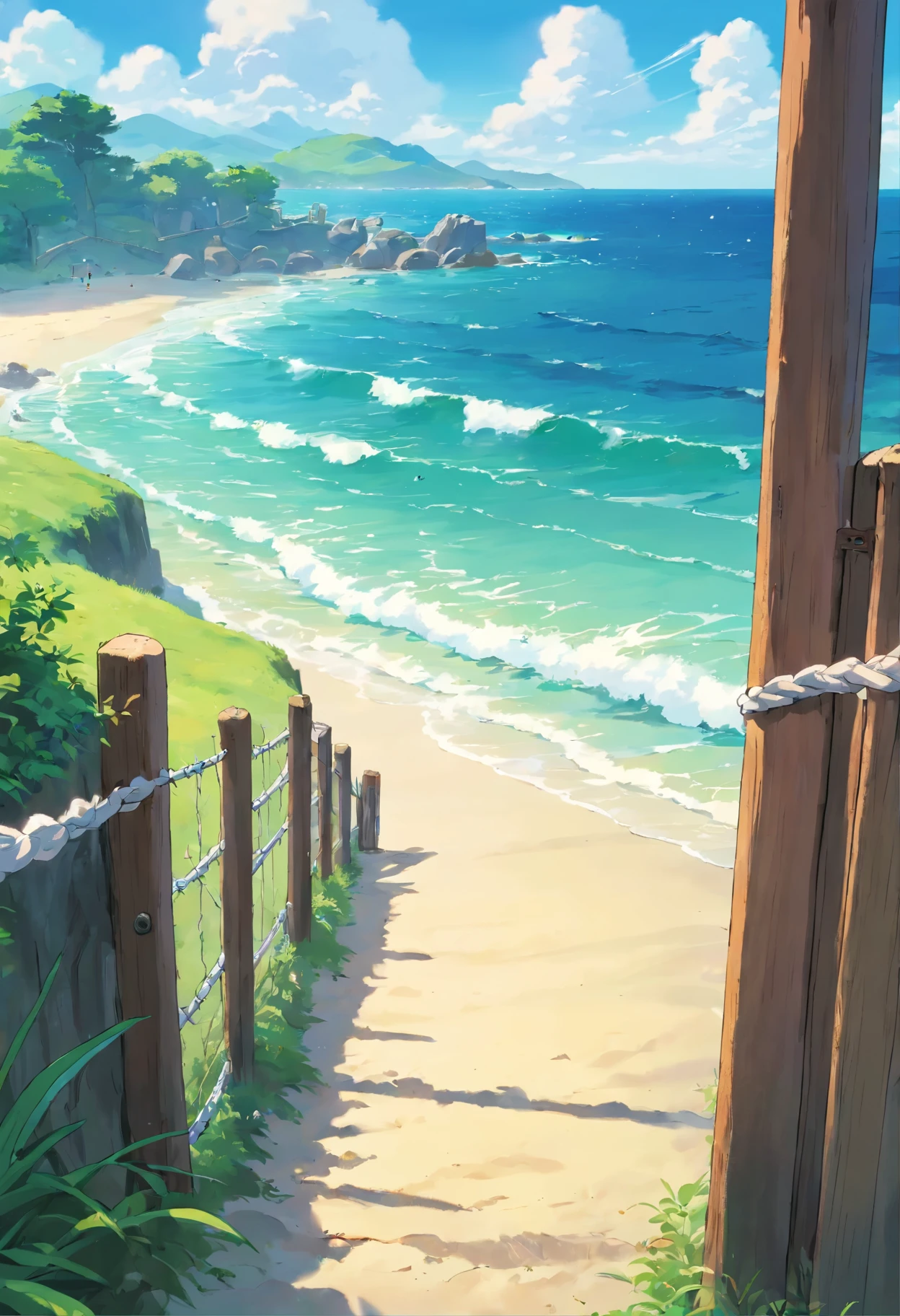 a close up of a picture of a beach with a fence, clouds and waves, clouds and wings and waves, looking into the horizon, a photo of the ocean, seascape, looking onto the horizon, fades to the horizon, timelapse, trailing off into the horizon, still from nature documentary, still from a nature documentary, beautiful composition, extremely close shot