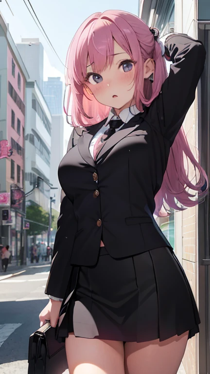 masterpiece、highest quality、Very detailed、Photograph the upper body、1 female、(Put your arms behind your back:1.2)、Are standing、Turn your body forward、View your viewers、(office lady,business suit、Black mini skirt:1.4)、break,blush、shy、Pink Hair、Open your mouth、office、Big Breasts、