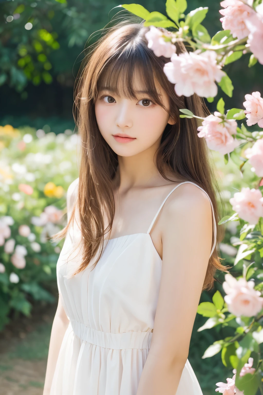 masterpiece, top quality, raw photo, pastel pink garden, (wind blowing), beautiful girl, (delicate beauty, slender), , white dress, semi-long hair, with bangs, (wind shaking hair), fair complexion, (immaculate), light makeup, glossy cheeks, (light on cheeks), pastel colored flowers, natural light, beautiful girl, (immaculate)