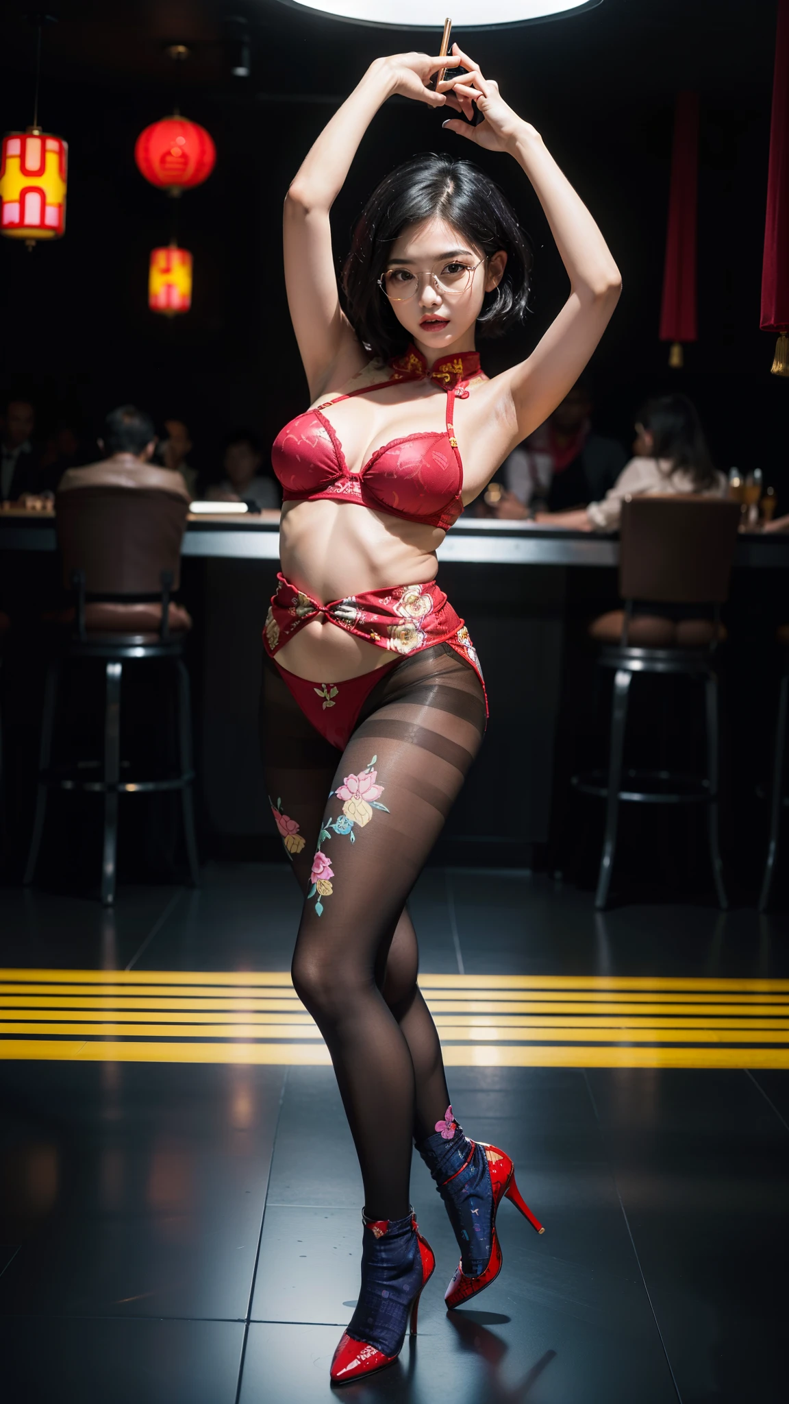 (full body:1.5),(((only one girl)):1.4),(view the viewer:1.4),((anatomy correct):1.45),(((dancing in the night club, Perfectly integrated background))):1.3),(she wears large glasses and Holding bra & pantie in her hand:1.2),(shy:1.15),((red cheongsam's set):1.2),(((((((patterns)))))) ,((thick pantyhose)):1.3),(high heels leather shoes:1.1),((Long legs and large chest):1.3),((((colorful))):1.4),(Accurate and perfect face:1.3),((black short hair):1.2),hyper HD, Ray traching, reflective light, structurally correct, Award-Awarded, high detail, lighten shade contrast, Face lighting ,cinematic lighting, masterpiece, super detailing, high quality, high detail, best quality, 16k,High contrast,