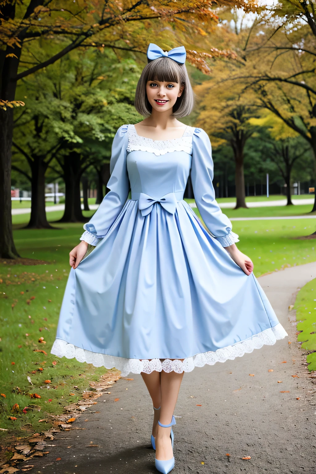 ((masterpiece), (Realistic), highest quality:1, High resolution, 4K, super High resolution), One girl, dress, view your viewers, lanthanum, long sleeve, red dress, candy, bangs, alone, Puffy sleeves, blue eyes, black bow, Gray Hair, bow, short hair, jewelry, Juliet Sleeve, Lollipop, blush, Mouth closed, hair bow, Full body portrait, little smile,