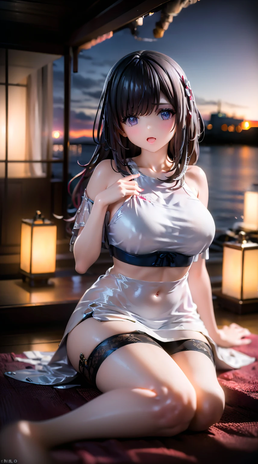 masterpiece,8K,high quality,fullbody:1.7,Clean blue eyes,open red mouth,Huge bursting breasts,biggest breasts,Tight west,woman down on a bed,Sheer off-the-shoulder pink thin lace tulle mini,fantasy art,red bra, Cute 3D anime,Long wavy shiny black-pink hair,Beautifully detailed body and face, beautiful avatar pictures, high quality detailed anime,Wide-angle landscape photography:1.6,luxury bedroom,