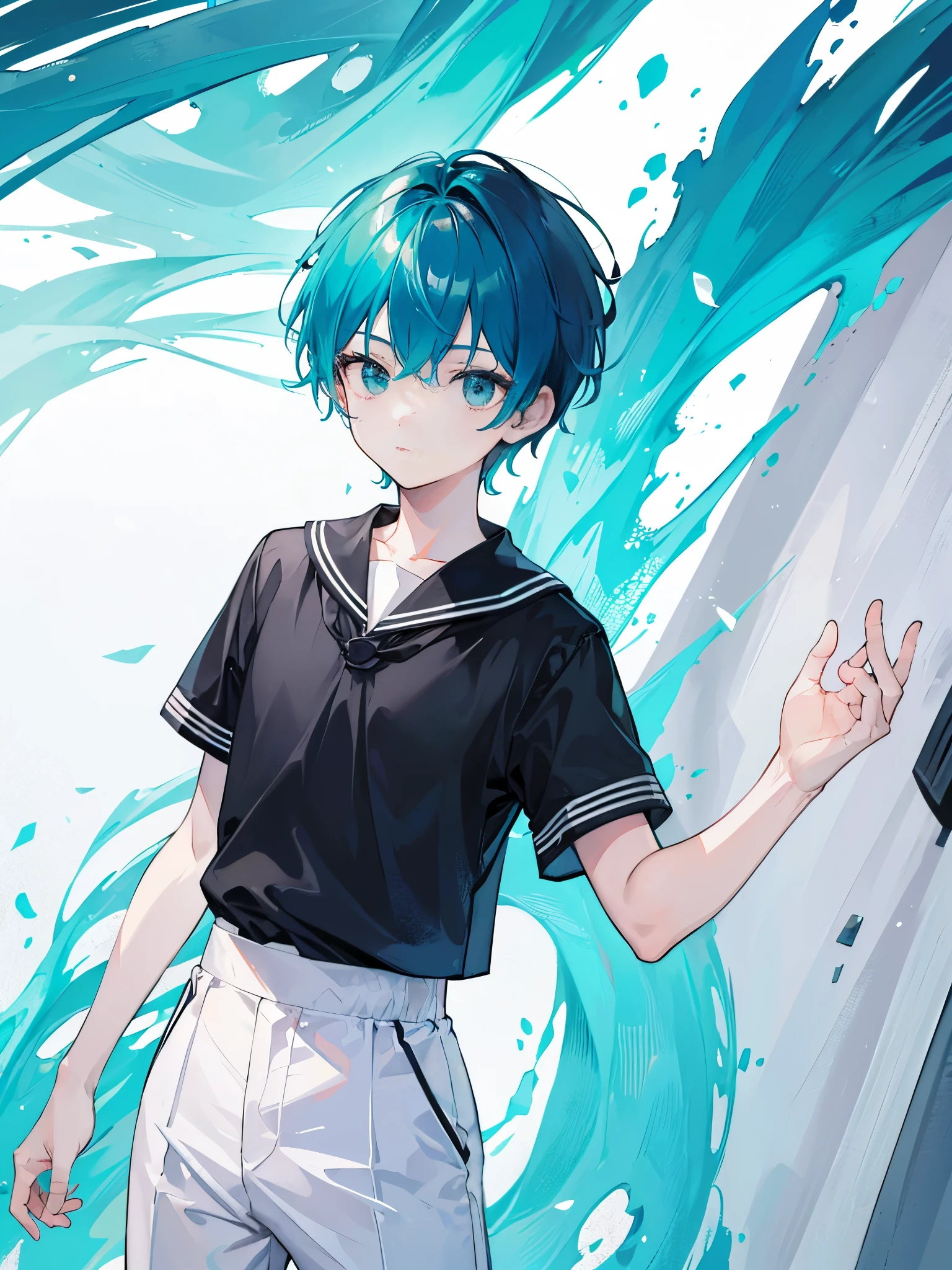 a boy, teal hair, male short hair, black eyes, white sailor suit, trousers