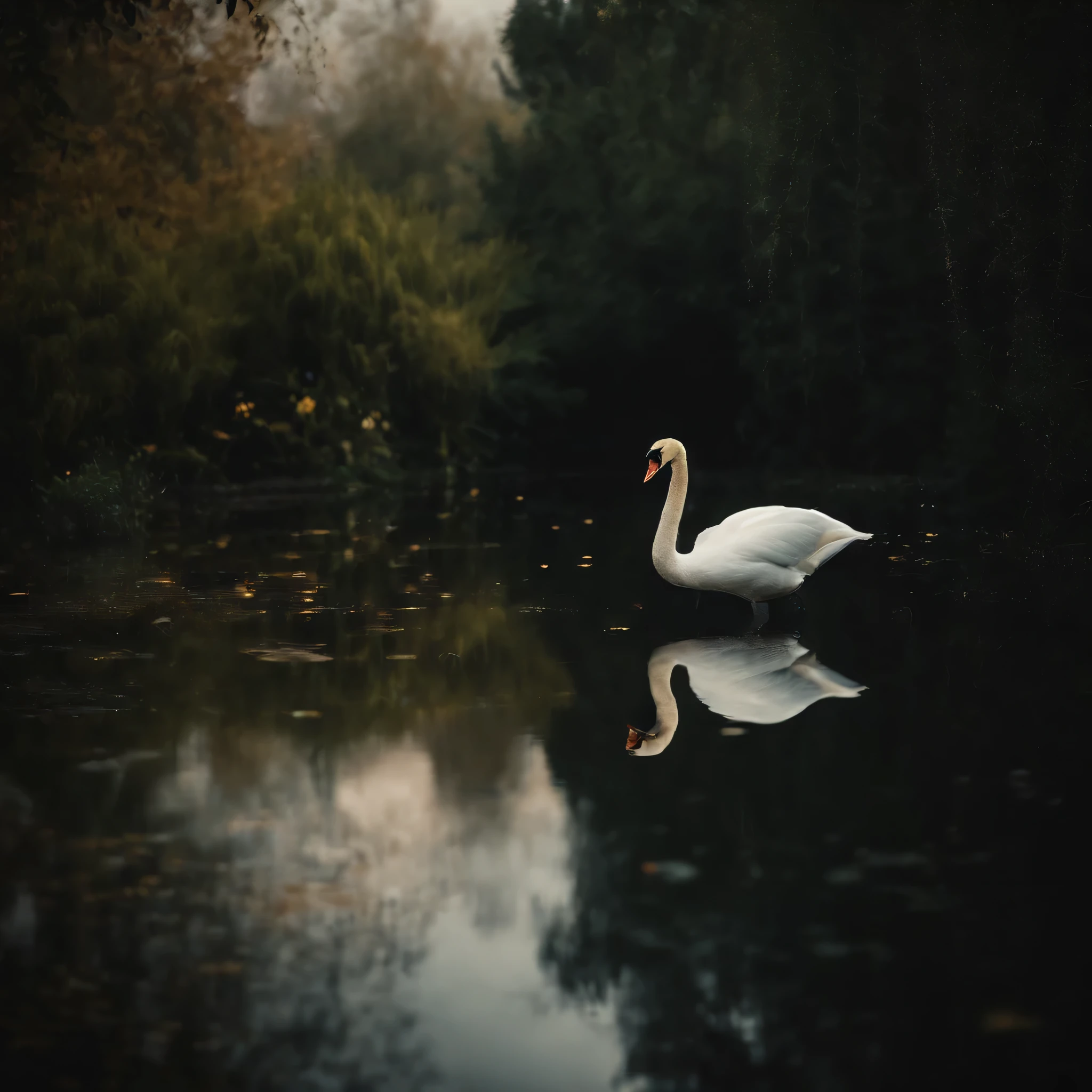 Photography, realistic rendering, Ultra wide lens, Double exposure, Fantasy movie, Rain, (((pond))), swan