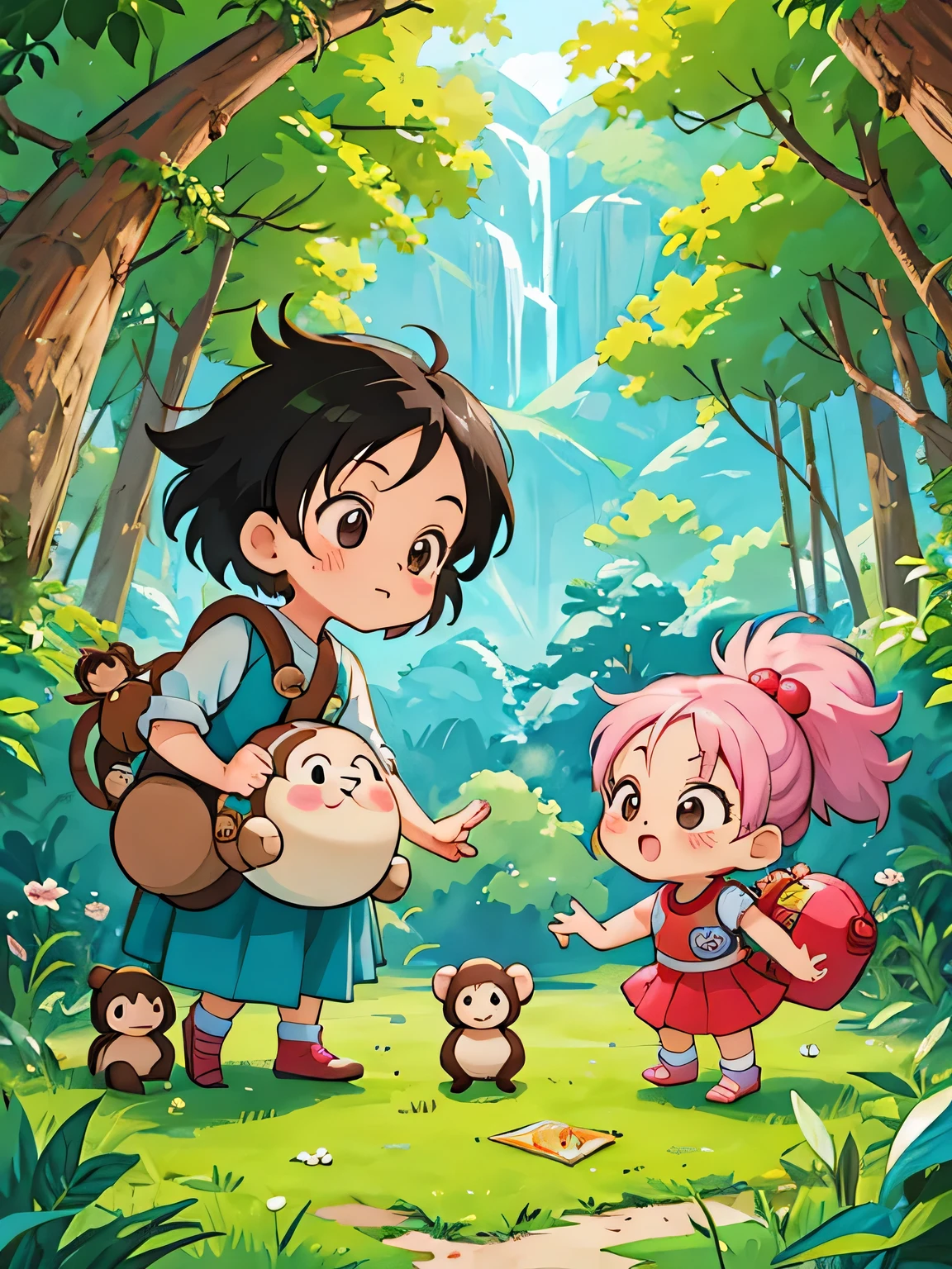 Akira Toriyama style, Kawaii Design, The most beautiful girl of all time、Chibi, monkey, play together、monkey Forest