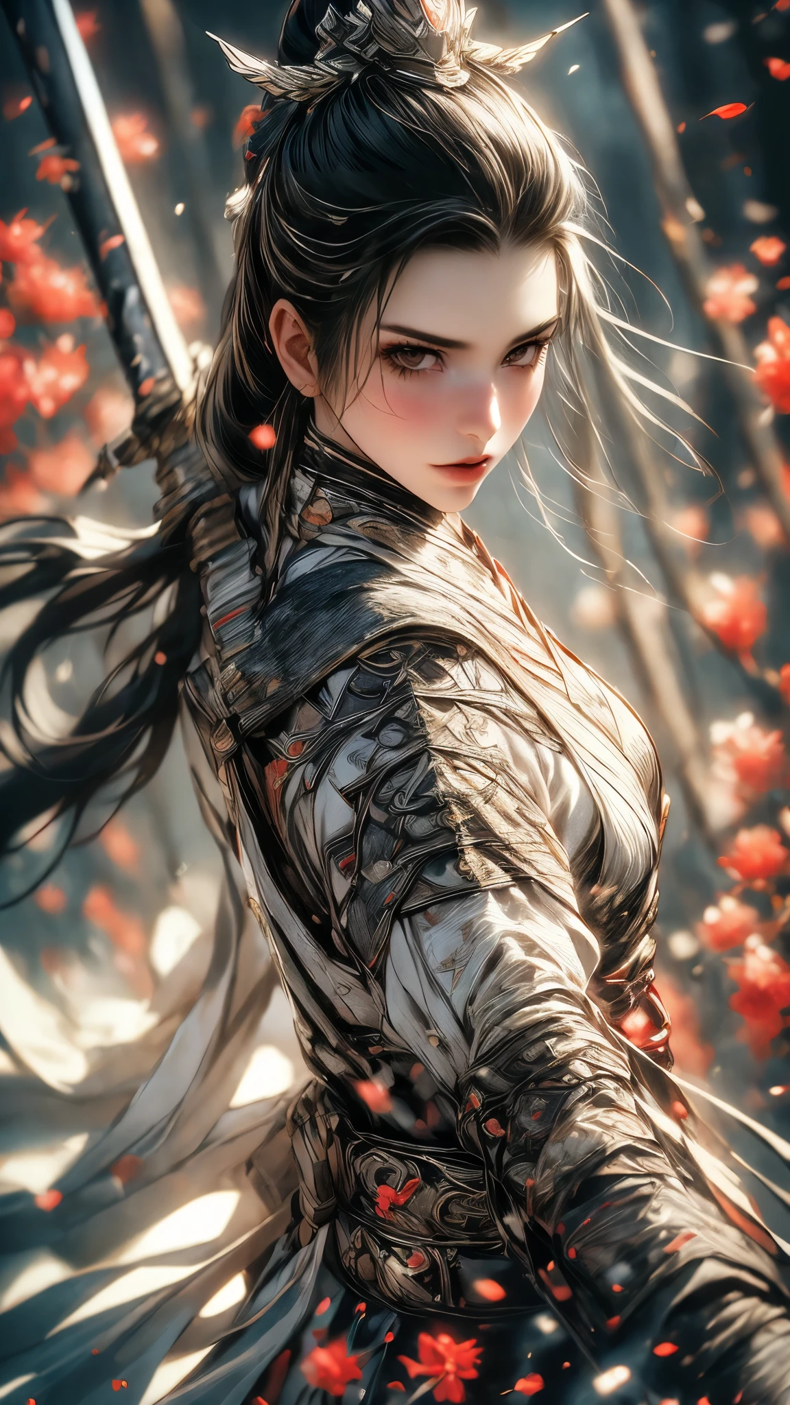 (In 8K，highest quality，masterpiece)，(Realistic，RAW Photos，Super Fine Clear)，Realistic Light，Detailed skin，Beautiful woman，((25-year-old female, Beautiful assassin:1.5)),Thin legs、fine grain，Long Hair, Detailed fingers、thin、Sexual，Ecstasy Facial Expressions,garden, Camellia,Flower Storm, Super big , Bouncy and firm bust