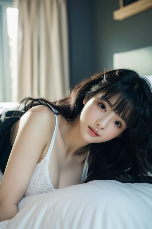 highest quality ,masterpiece,Ultra-high resolution, so beautiful, cute, (Photorealistic:1.4), 1 Girl, Japanese, Black Hair、Long Curly Hair、Cinematic, 35mm lens, f/ 1. 8, Accent lighting, 8K, Ample breasts, V-neck, White pajamas, Bedroom、Dark Room、Lying down