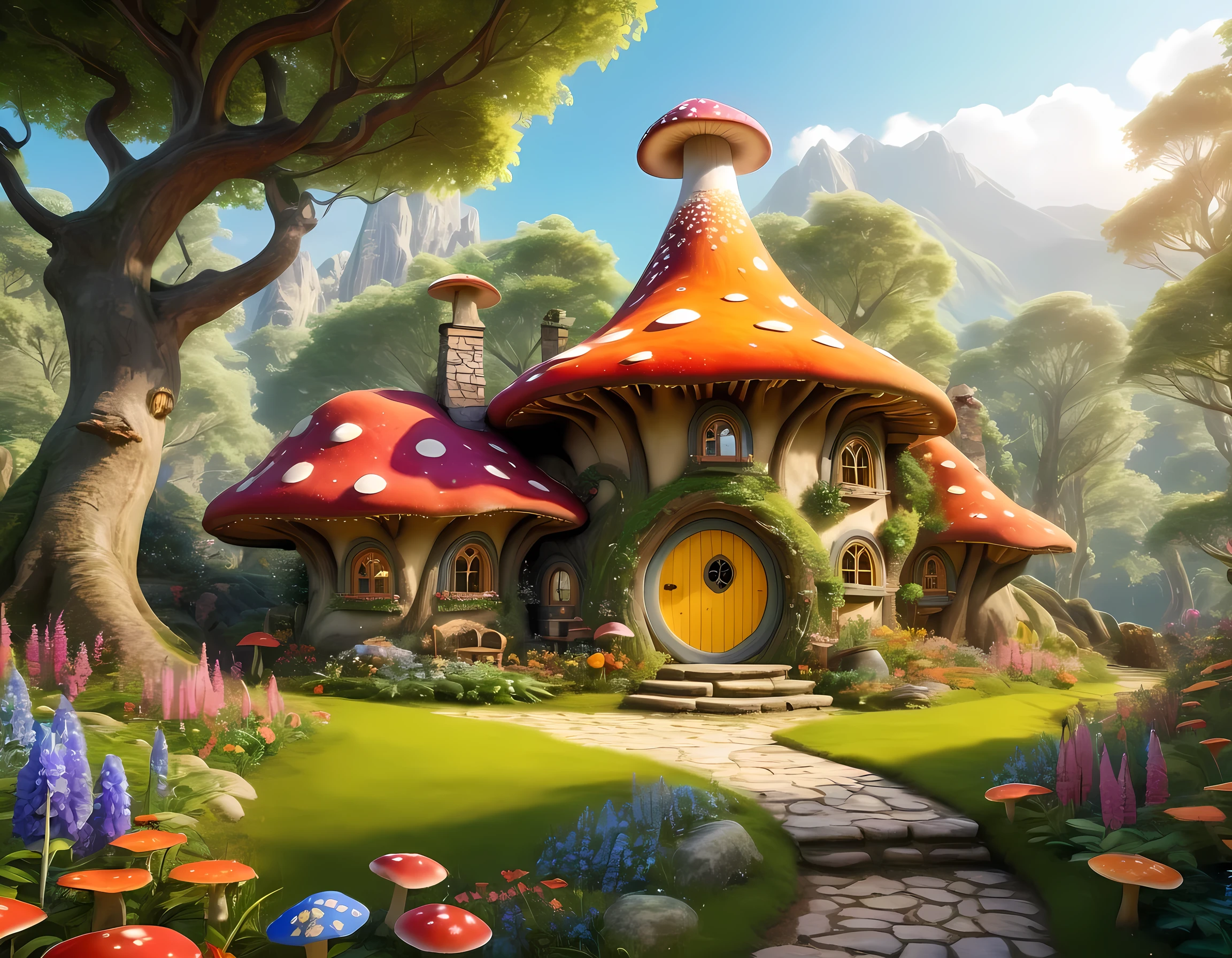 (Mysterious fantasy forest，Dense trees，A strange and cute little tree:1.5)，Hobbit Cottage, vividly depicted in the work (best quality, 8k, Advanced Solutions, masterpiece: 1.2), With super detailed details， (1.4 倍Reality, Reality: 1.37). This dreamy forest is made up of bright colors，Bathed in the warm sunshine, create cheerfulness、whimsical atmosphere. The house was designed with great attention to detail, Featuring complex designs and unique architecture, Similar to a mushroom-shaped house。 (This dreamy forest is surrounded by lush greenery and colorful flowers), Enhance enchanting and magical environments。 The artwork demonstrates an illustrative style, Inspired by children&#39;s book illustrations, Ensures a charming and nostalgic touch. The color palette consists of bright rainbow colors, Seven colors，Evoke feelings of joy and playfulness. Lighting sets off the picturesque scene, Create soft, warm shadows，Add depth and warmth to artwork. Every detail is impeccably presented, Create visually stunning masterpieces，Capture the essence of Fantasy Forest.