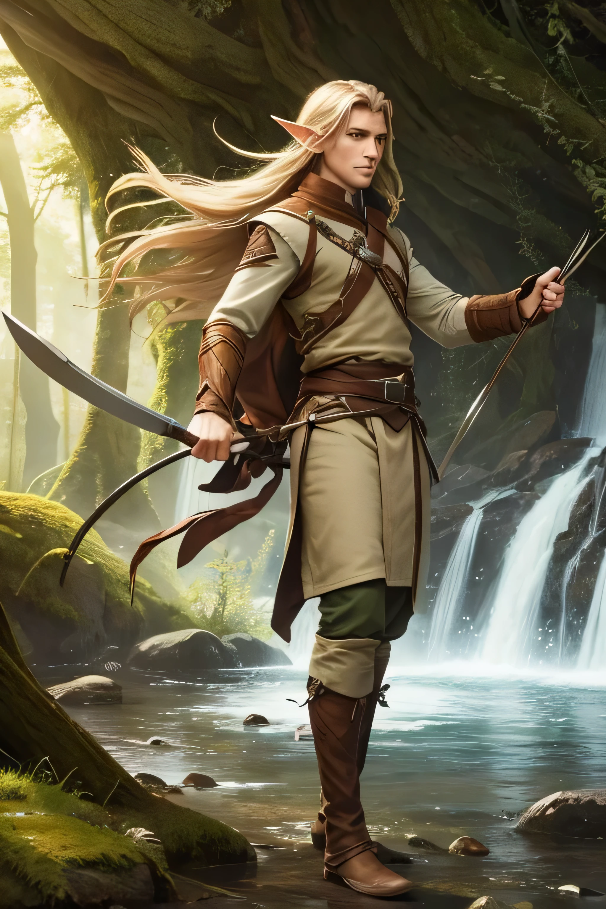 Tolkeinesque male wood elf with a bow,knives, flowing hair.