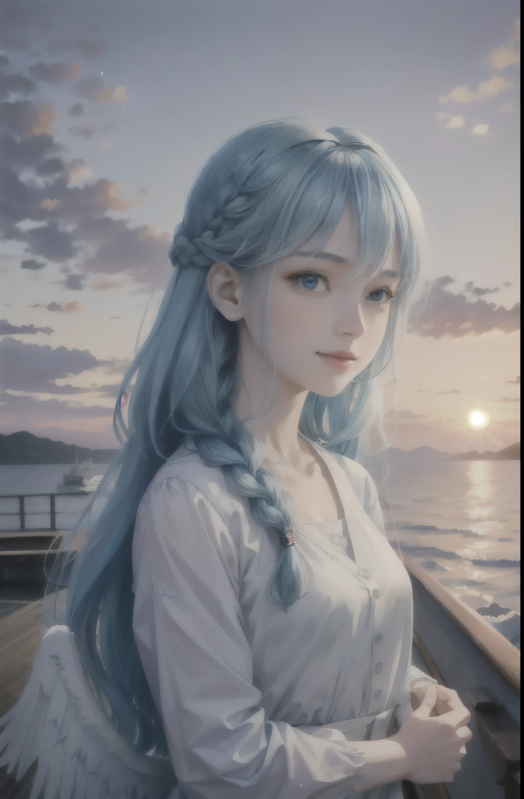(Face focus), (1 girl, woman, woman, alone, Pale skin, Casual Fashion, cute), (Long Hair, Single braided hair, Light blue hair, cute face, A light smile), (By boat), milky way, sunset,Fairy,I have wings on my back