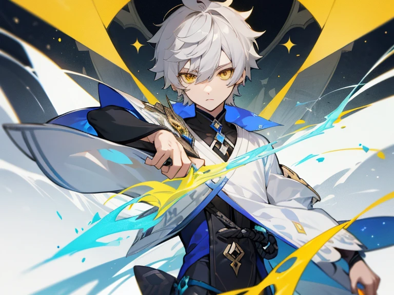 Aether from Genshin Impact. Grey Hair. Yellow Eyes. Short hair. 1boy. Perfect face. Perfect eyes.