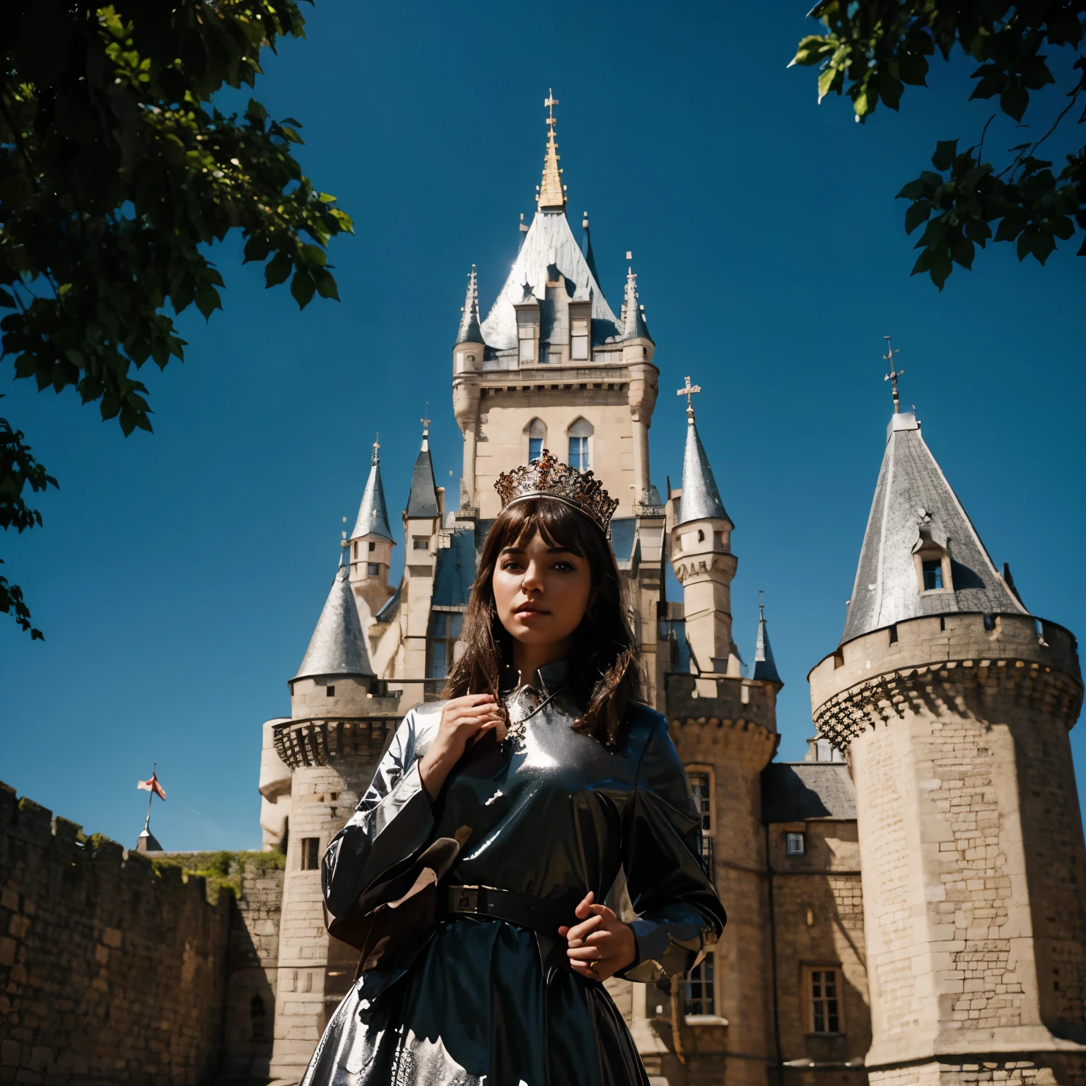 in the castle background, vintage, flying shiny crown with no wings