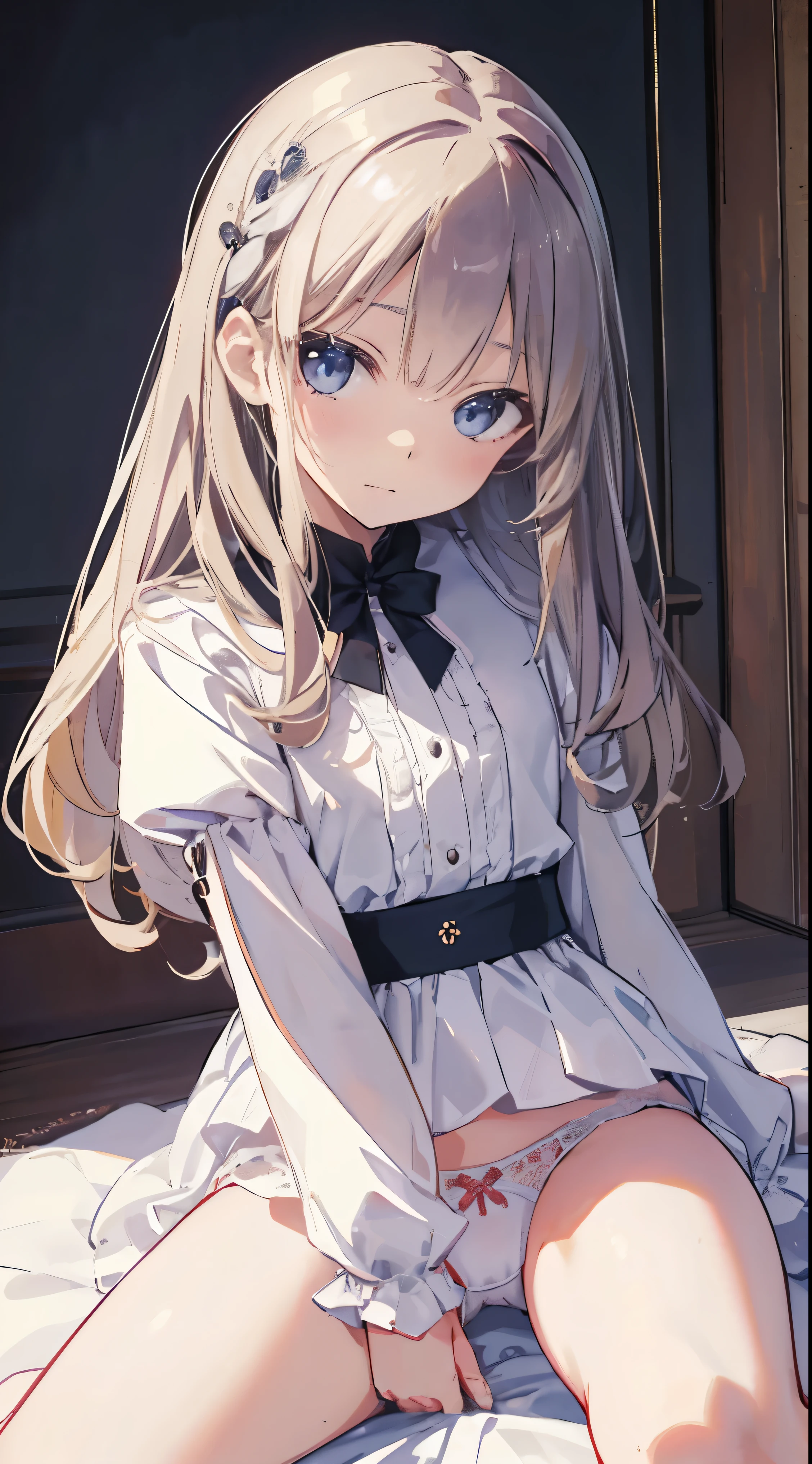Masterpiece、Highest quality、highest quality、(((Lori)))、 ((((Petite))))、Shiny hair quality、Small face、Sitting、Super detailed, beautiful, wide eyes、Ultra-detailed, clear and beautiful faces、(cute illustration:1.2), High-resolution, ultra-detailed, best quality, embarrassed、Cute white underwear、Thighs