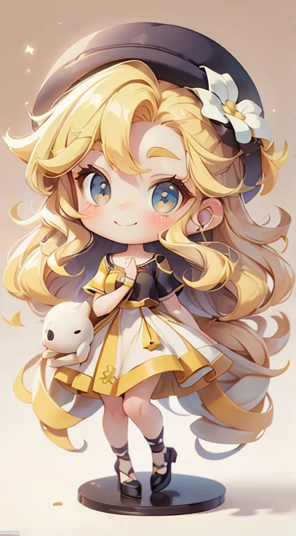 1 girl, Chibi T-shirt, Yellow Hair, Luxury Fabric,,deep, Looking at the audience, White Background、pretty girl、Cute expression、Luxury Dresses、Best image quality、masterpiece、Straight hair、hat、Cute Girls、smile、high resolution、Ultra delicate、Cute eyes