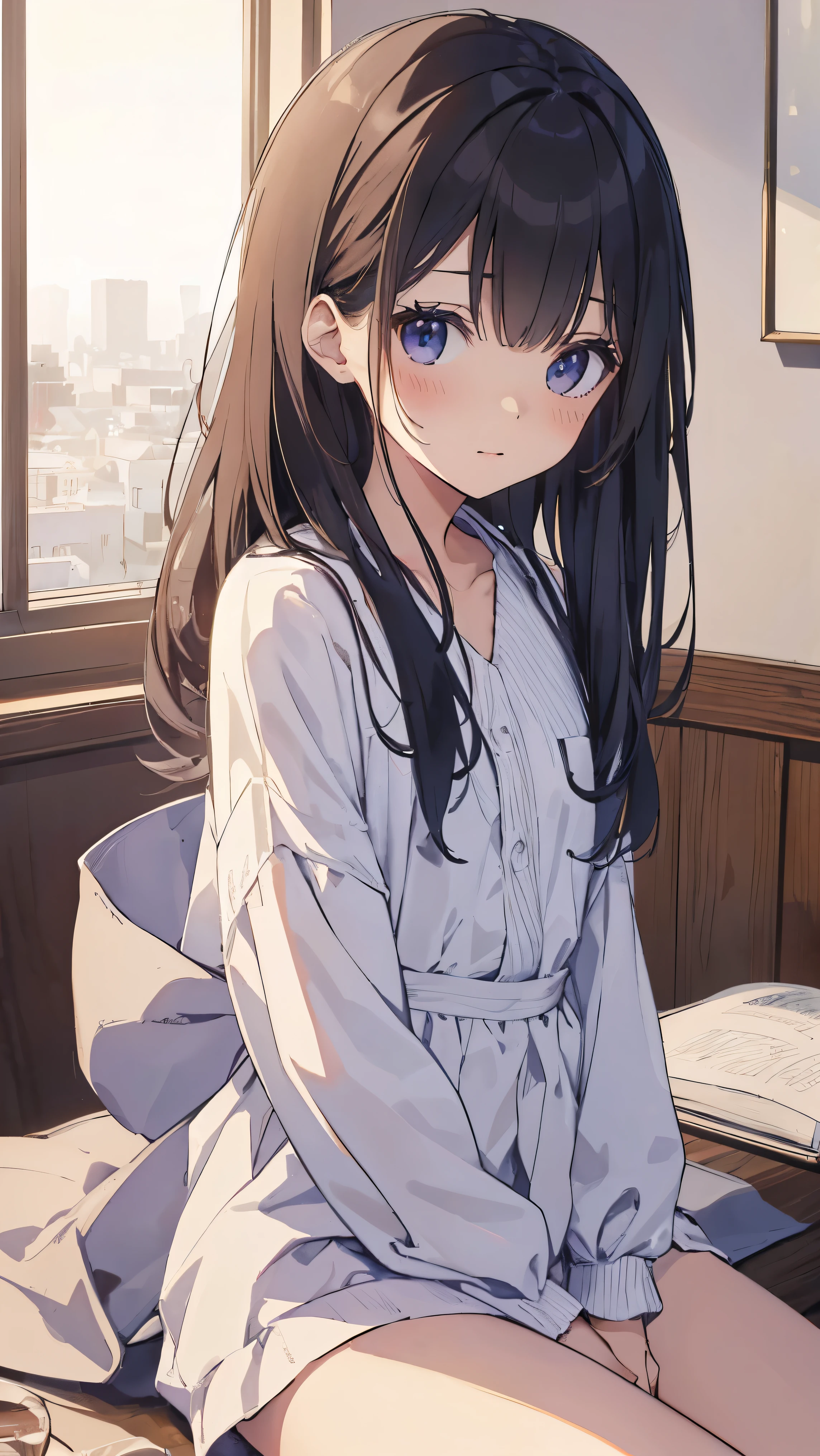 Masterpiece、Highest quality、highest quality、(((Lori)))、 ((((Petite))))、Shiny hair quality、Small face、Sitting、Super detailed, beautiful, wide eyes、Ultra-detailed, clear and beautiful faces、(cute illustration:1.2), High-resolution, ultra-detailed, best quality, embarrassed、Cute white underwear、Thighs