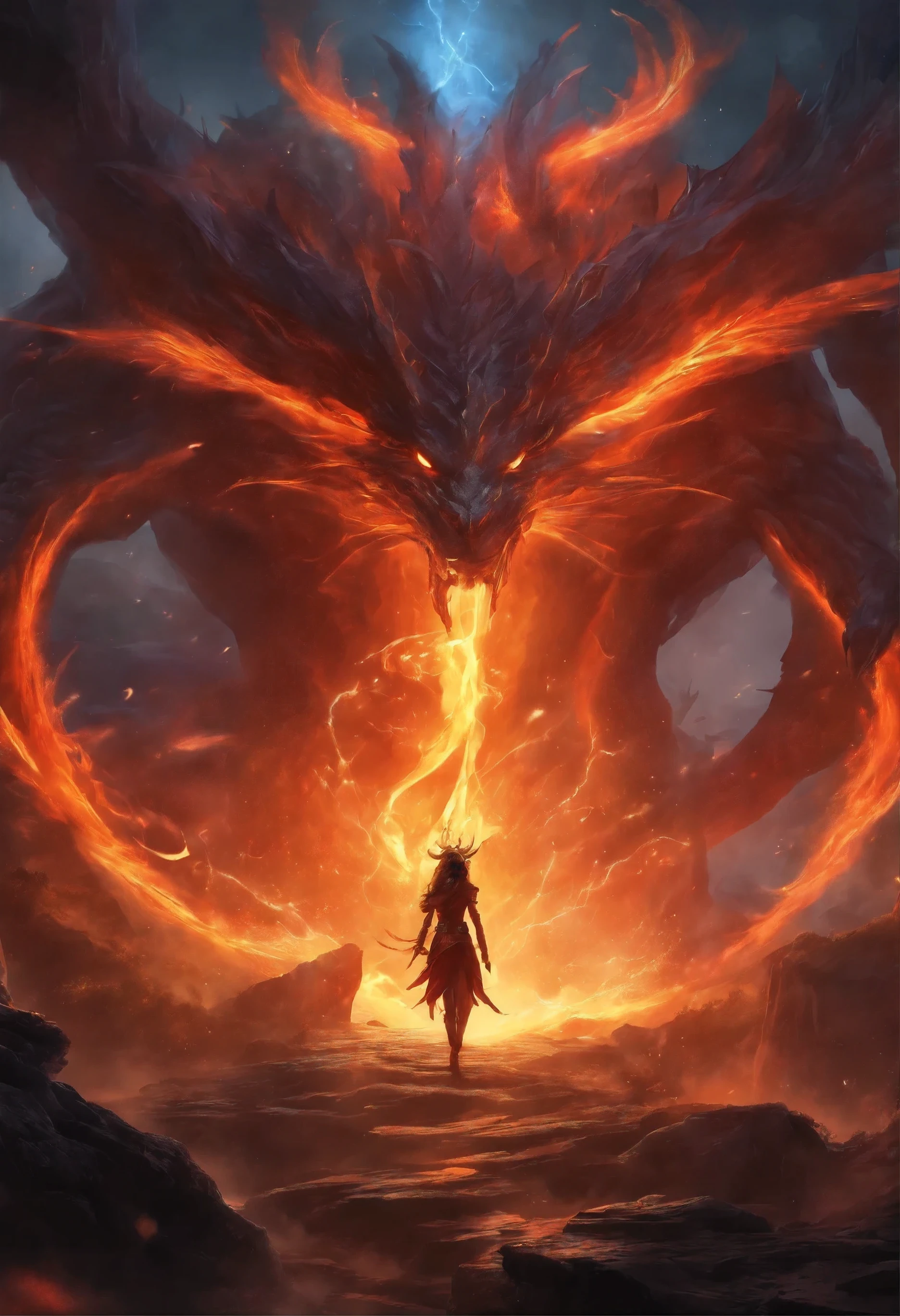 a man standing in front of a giant dragon with fire coming out of it, man with the soul of a dragon, god of dragons, human and dragon fusion, anime epic artwork, battle with dragon, symmetrical epic fantasy art, dragon in the background, nine tails, by Yang J, dragon centered, dragon art, anime fantasy illustration, anime fantasy artwork