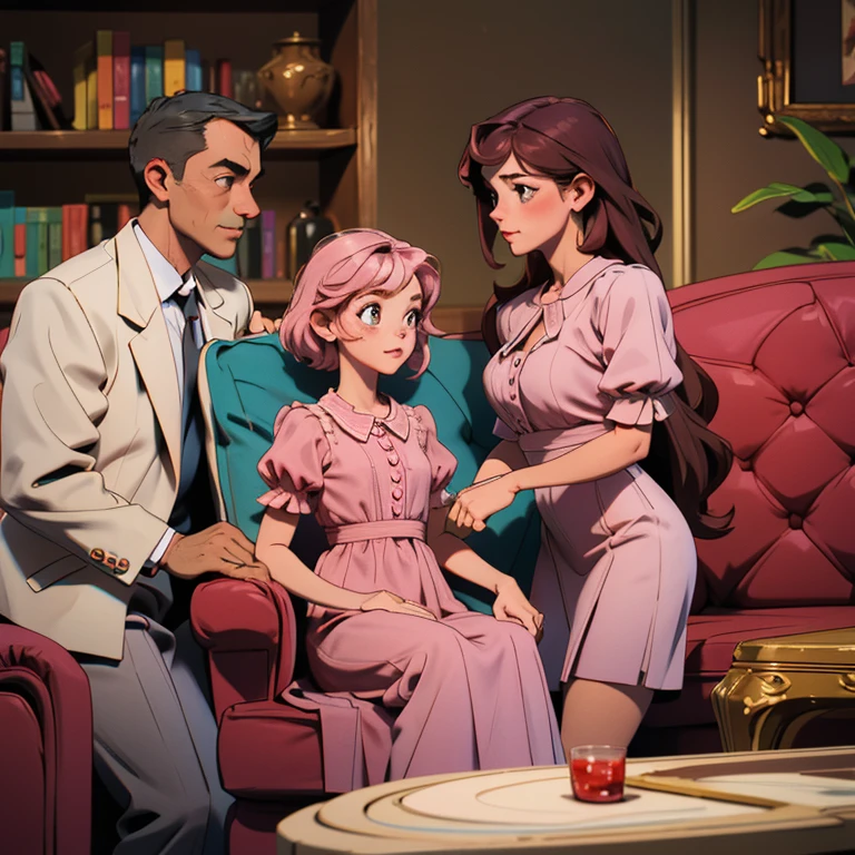 There a family sitting on a couch. A father who's wearing a formal shirt, and a mother who's wearing a beautiful dress. They are talking to their daughter who's wearing a pink dress . Their hair is brown