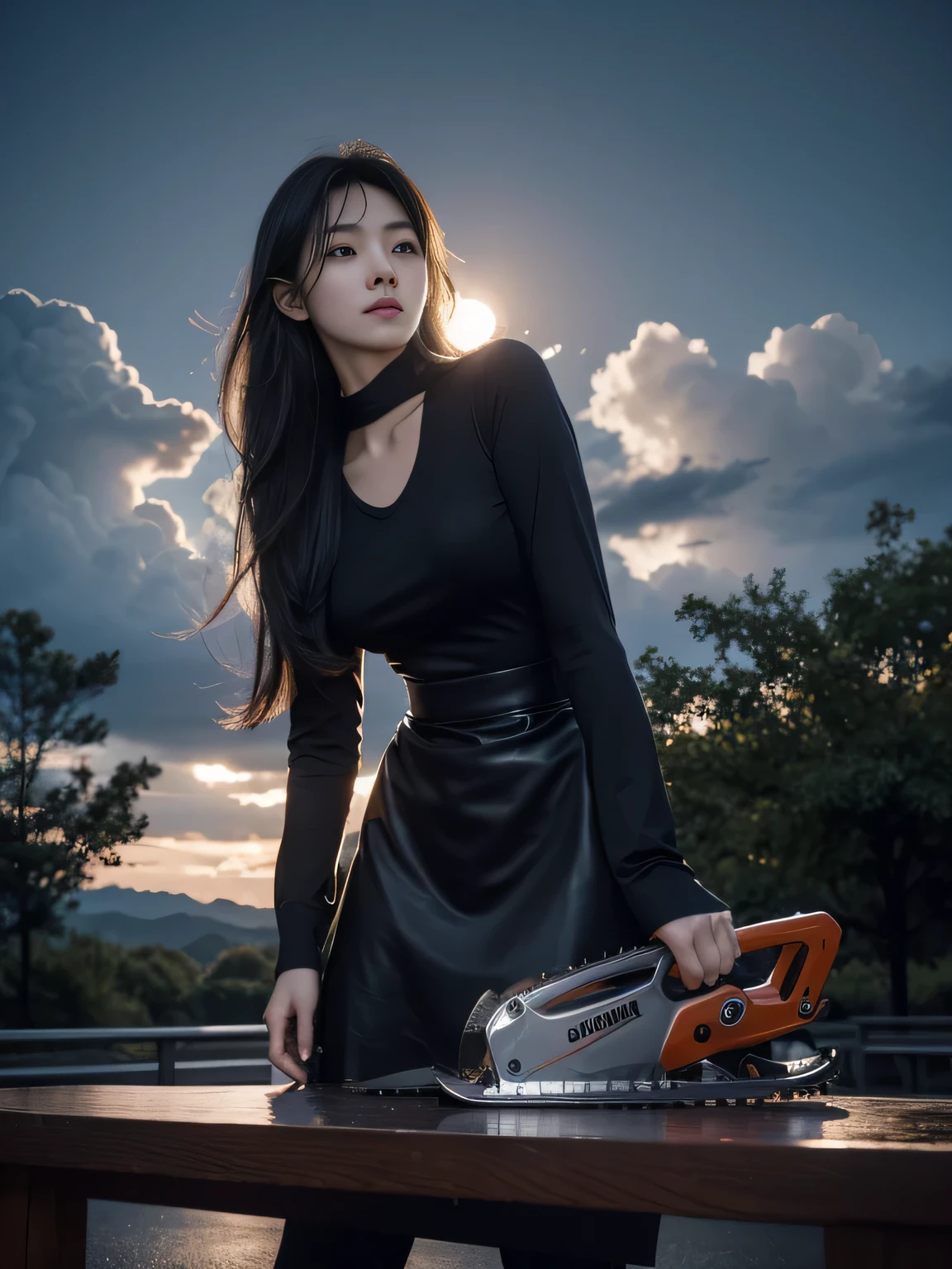 Black Hair, Hair shaking, victory, Long eyelashes, Solid round eye, A faint smile, ears red, direction, Surrealism, shadow, Relief, Stereogram, Standing picture, View, Atmospheric perspective, 8k, Super Detail, precise, best quality,(Surrealism), (illustration), (high resolution), (8k), (Extremely detailed), (Best illustration), road ( Chainsaw Man ), (BeautifulDelicateeyes), (best quality), (Ultra Detailed), (on the table), (wallpaper), (Delicate face), solitary, Upper Body, focus on face, 1 girl, Black long hair, Korean, Thin eye shadow, Delicateeyes, Brown eyes, There is a small mole under the eye, Very thin legs,Long-sleeved shirt, cervical arch, Small Breasts,Black leather shoes,apron dress, Dynamic poses, Low light, night, dark, cloud, night,Use a chainsaw,