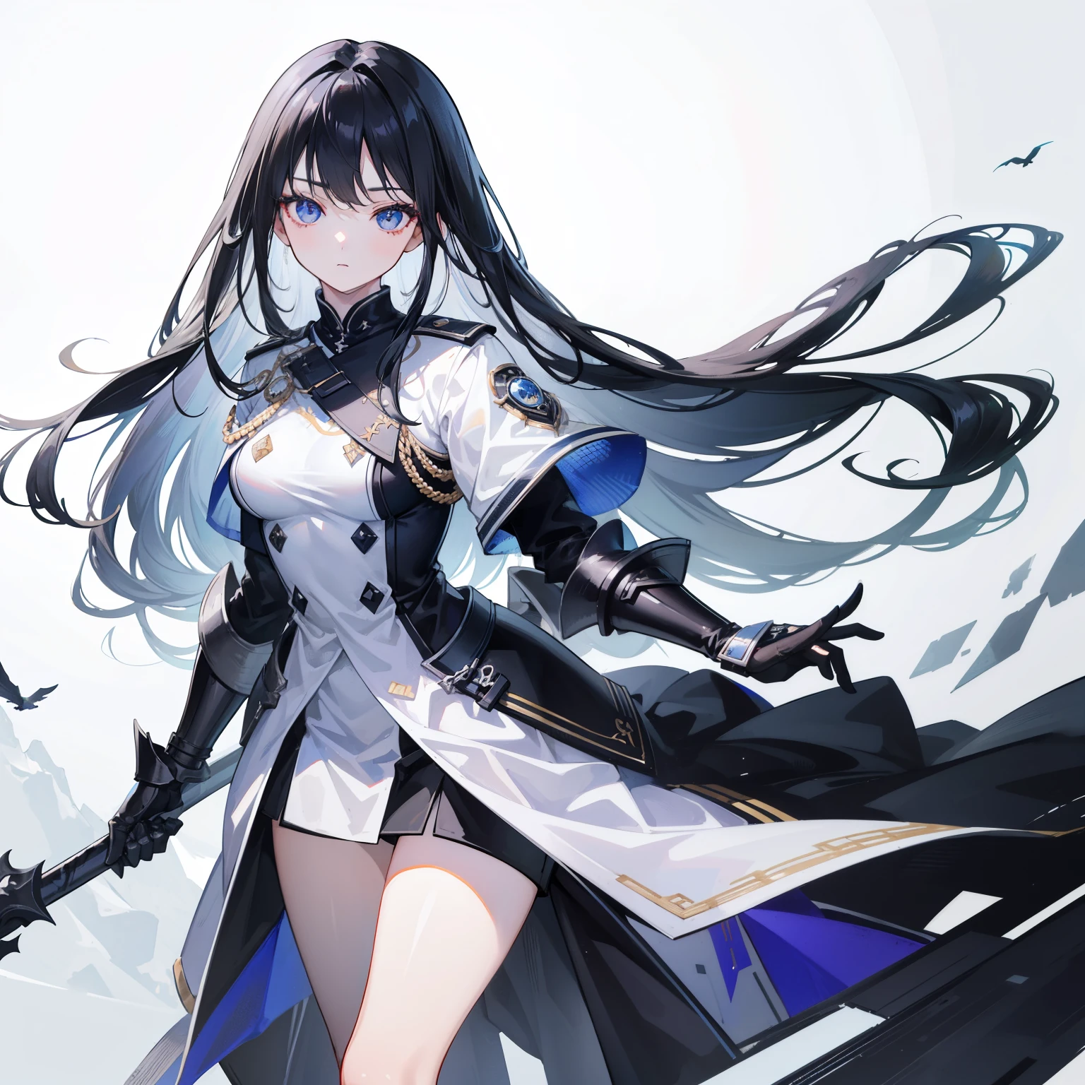 girl,Long Black Hair, The inside of the hair is blue、Iris,White coat,uniform、masterpiece, highest quality, Super detailed, Downcast eyes,Tabletop, highest quality), (Perfect athletic body:1.2),8K High Resolution, Trend Art Station, White Background, Standing in the Wilderness,whole body、Crow-shaped gauntlets