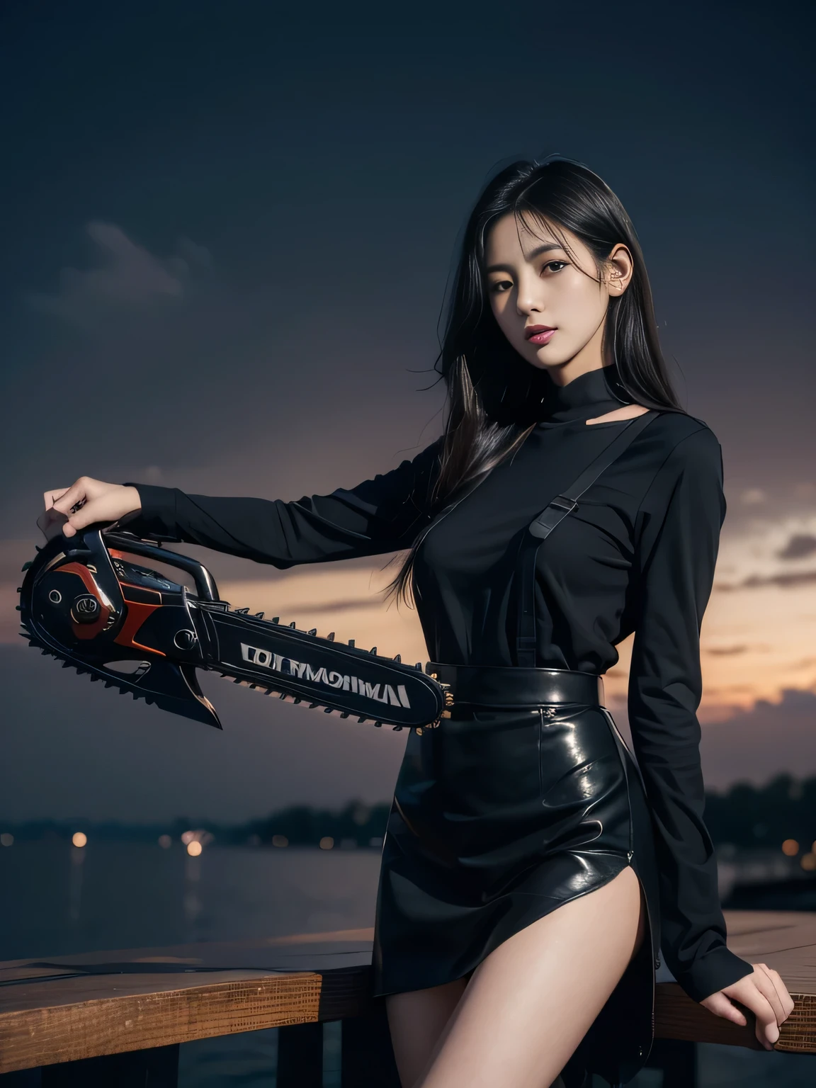 Black Hair, Hair shaking, victory, Long eyelashes, Solid round eye, A faint smile, ears red, direction, Surrealism, shadow, Relief, Stereogram, Standing picture, View, Atmospheric perspective, 8k, Super Detail, precise, best quality，(Surrealism), (illustration), (high resolution), (8k), (Extremely detailed), (Best illustration), road ( Chainsaw Man ), (BeautifulDelicateeyes), (best quality), (Ultra Detailed), (on the table), (wallpaper), (Delicate face), solitary, Upper Body, focus on face, 1 girl, Black long hair, Korean, Thin eye shadow, Delicateeyes, Brown eyes, There is a small mole under the eye, Very thin legs,Long-sleeved shirt, cervical arch,  Small Breasts,Black leather shoes,apron dress, Dynamic poses, Low light, night, dark, cloud, night,Use a chainsaw,