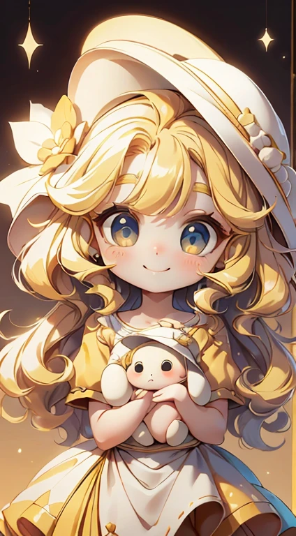 1 girl， Chibi T-shirt， Yellow Hair， Luxury Fabric，，deep， Looking at the audience， White Background、pretty girl、Cute expression、Luxury Dresses、Best image quality、masterpiece、Straight hair、hat、Cute Girls、smile、high resolution、Ultra delicate、Cute eyes