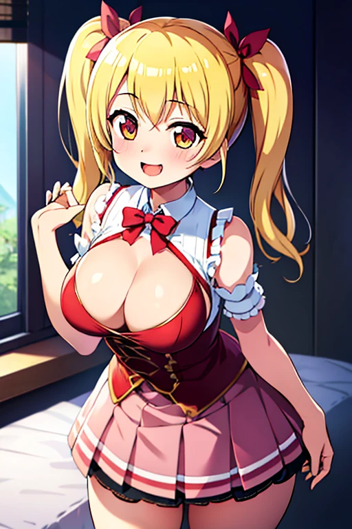 1girl,ichigaya arisa,bang dream!,gold hair,twin tails,blonde eyes,bangs,medium breasts,looking at viewer,cowboy shot,smile,happy,open mouth, leaning forward,seductive smile,see-through,lift up skirt,cleavage between breasts,seductive smile,naughty expression,camisole,lift up skirt,sexy pose,seductive smile