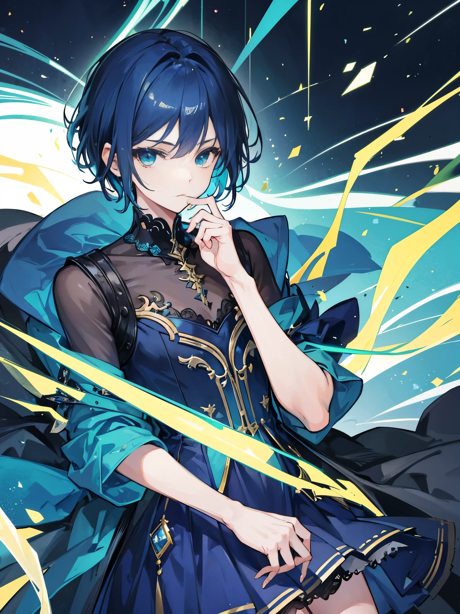 a boy, dark blue hair, male short hair, green eyes, idol costume, dress