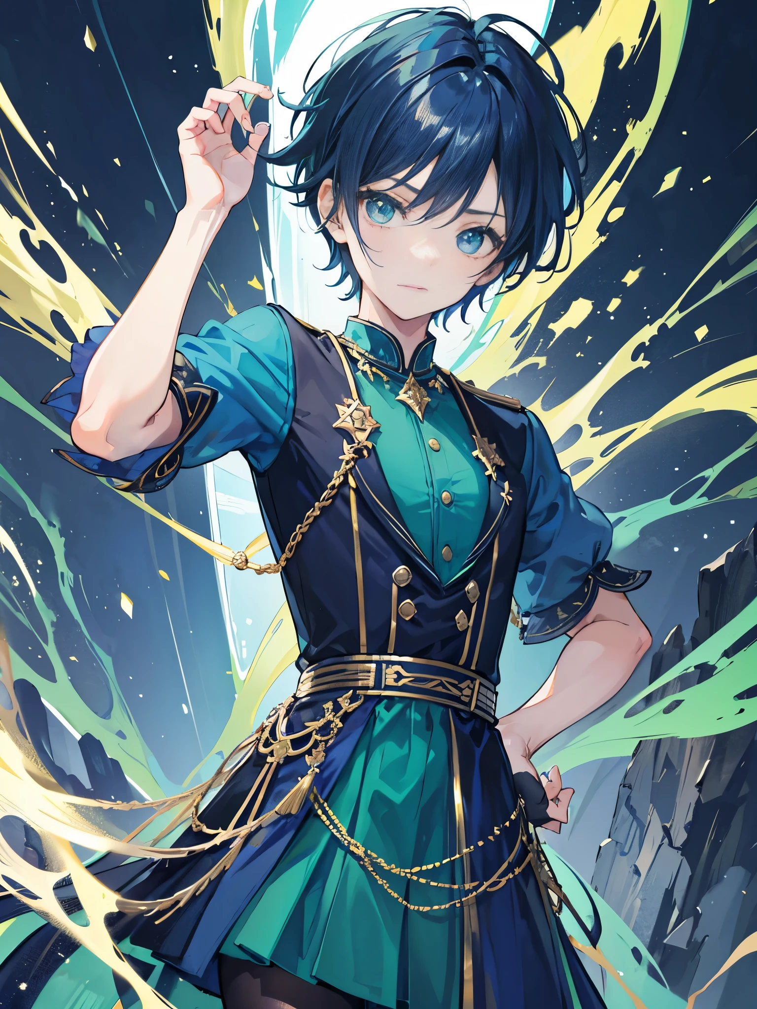 a boy, dark blue hair, male short hair, green eyes, idol costume, dress