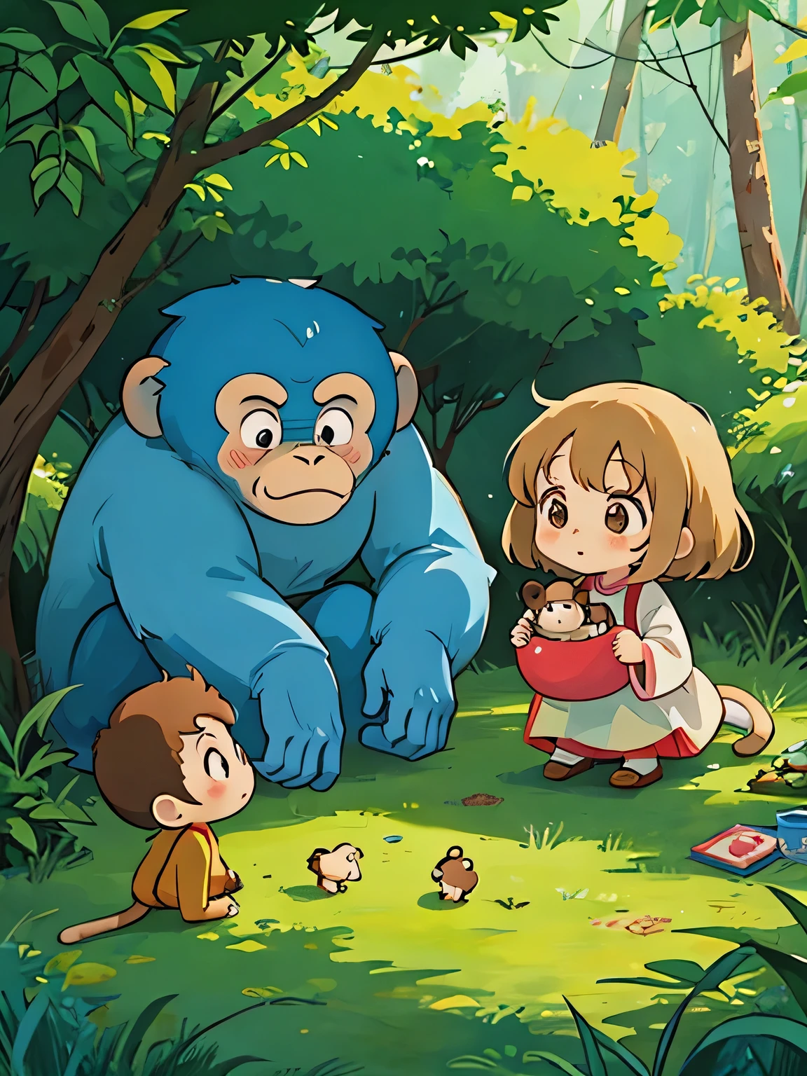 Three Giant Apes eating fruits under a tree
