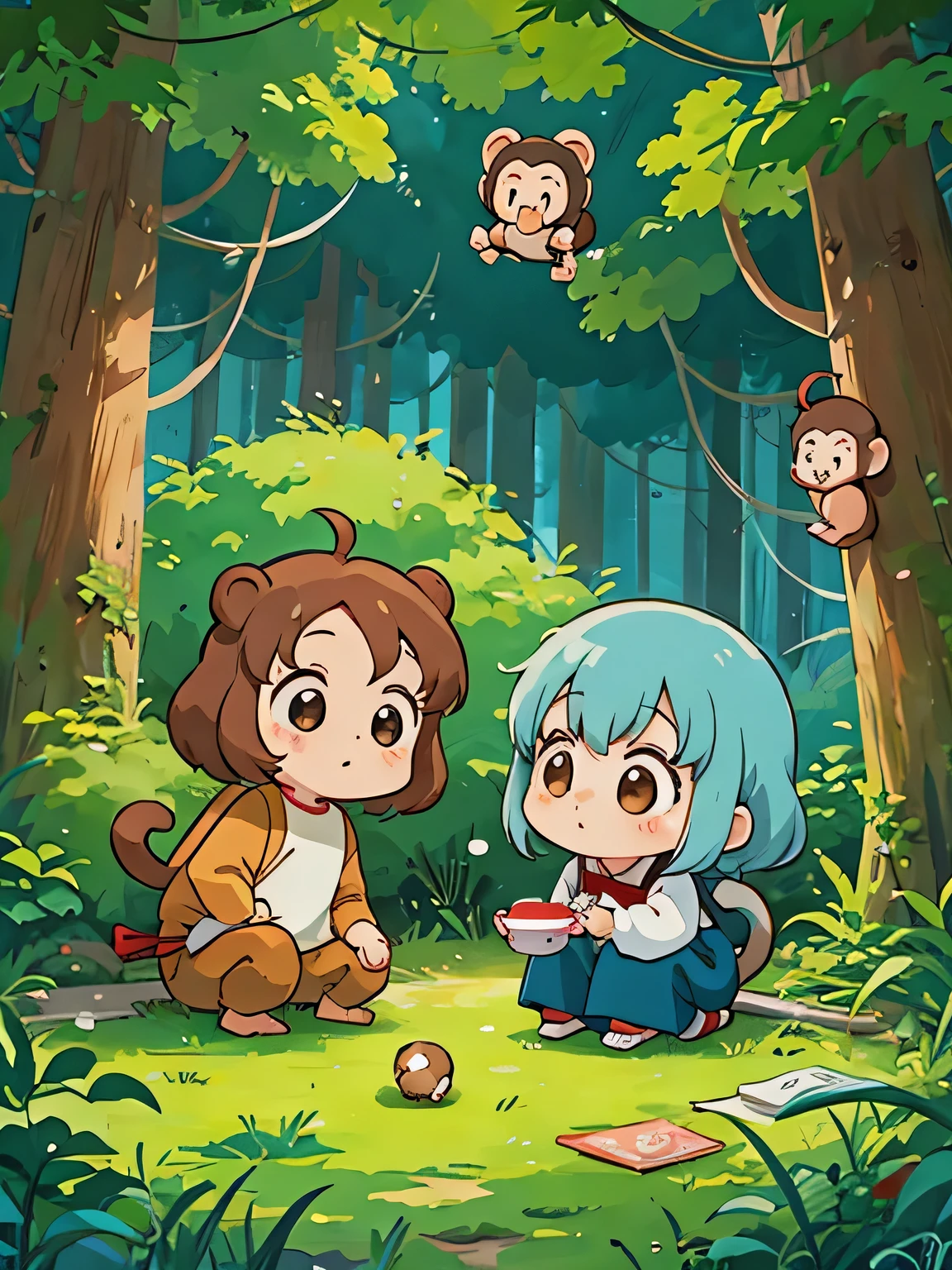 Hayao Miyazaki style, Kawaii Design, The most beautiful girl of all time、Chibi, monkey, play together、monkey Forest