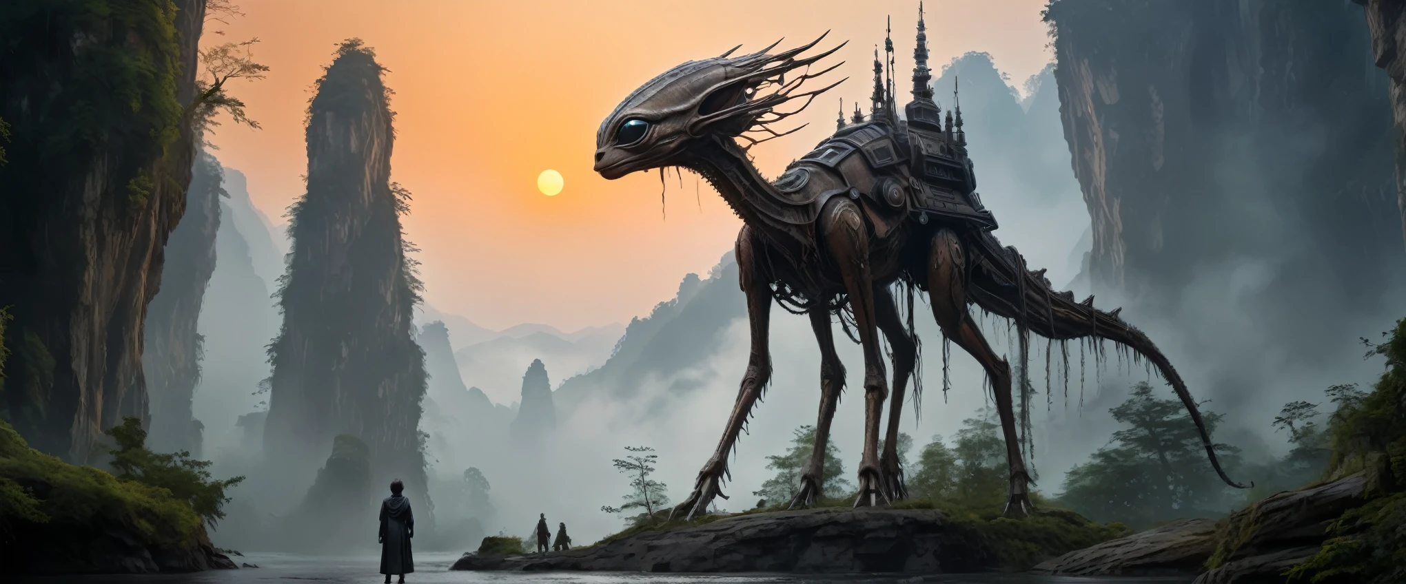 full body length,niobium fawn from star wars,native indian,ominous landscape, opal goblin,Obsidian atmosphere,flying islands,dangerous atmosphere,intricate details,realistic humid skin,extremely intricate details,Epic Realistic, cinematic style,dramatic light,anatomically correct,eyes extremely detailed, high detailed eyes,UHD,HDR,Cinematic, Technicolor,natural skin textures, hyper realism, hyper detailed,High contrast,Realism,Ultra Detailed,irina yermolova,close full body shot, masterpiece,faded,16k resolution, Nikon Z9,The Alien Entity,sunset,Zhangjiajie National Forest Park of China,Madness evil landscape. Tentacles rising from the abyss, polluted river, macabre cemetery, bloody moon