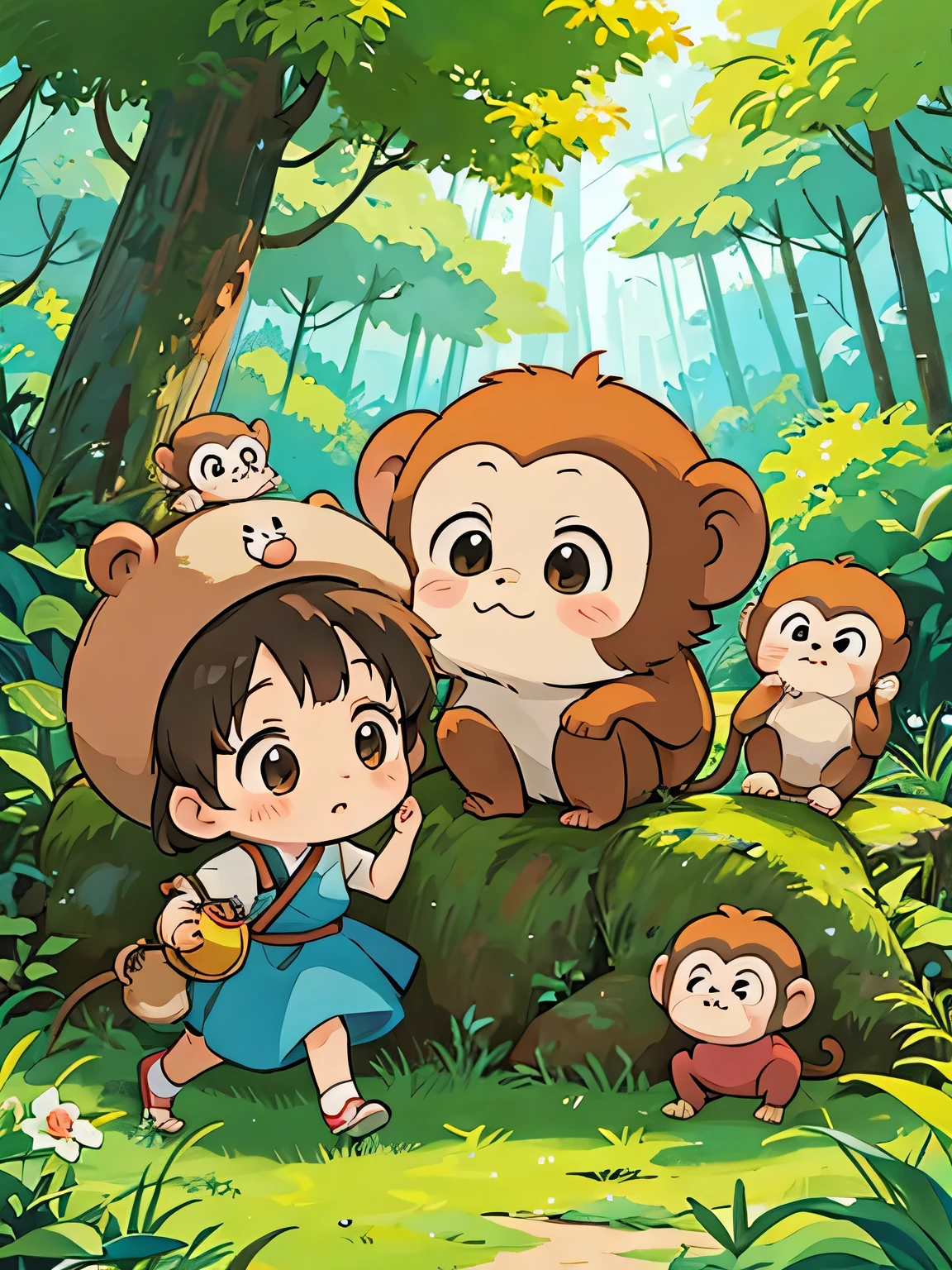 Hayao Miyazaki style, Kawaii Design, The most beautiful girl of all time、Chibi, monkey, play together、monkey Forest