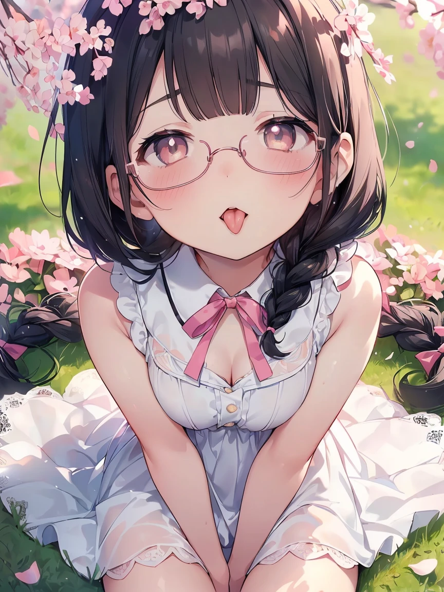 Very detailed, highest quality, High resolution, Moe Anime, ((A cute elementary school girl with black hair and droopy eyes)), ((Wearing large round glasses:1.4)), (Baby Face), Cute eyes, Detailed eye depiction, Sparkle in the eyes, View your viewers, Pale skin, (Big eyes:1.4, Droopy eyes:1.4, Fatty face:1.4), smile, Focus on the face, In the park with cherry blossoms falling, Sitting, (Extreme close up of tongue), (((From above))), Open your mouth, (((Face only:1.3))), ((white lace sleeveless dress)), Bright Eyes, Light from the front, (Put your hands between your legs:1.4), large and long tongue, Cleavage, Braided Hair, Pink ribbon