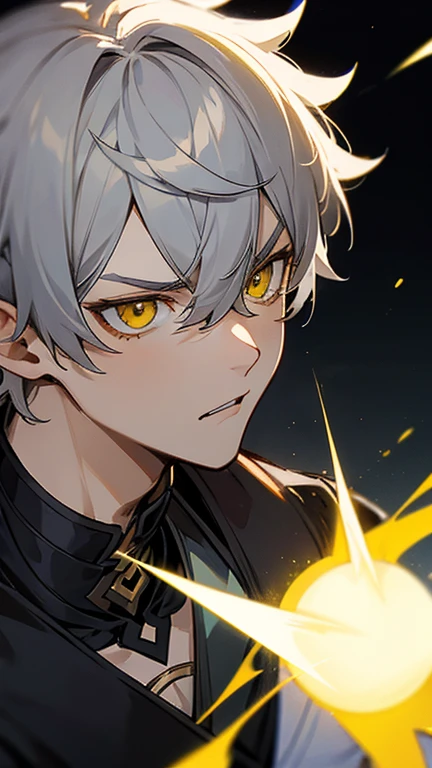 Aether from Genshin Impact. Grey Hair. Yellow Eyes. Short hair. 1boy. Perfect face. Perfect eyes. Enraged.