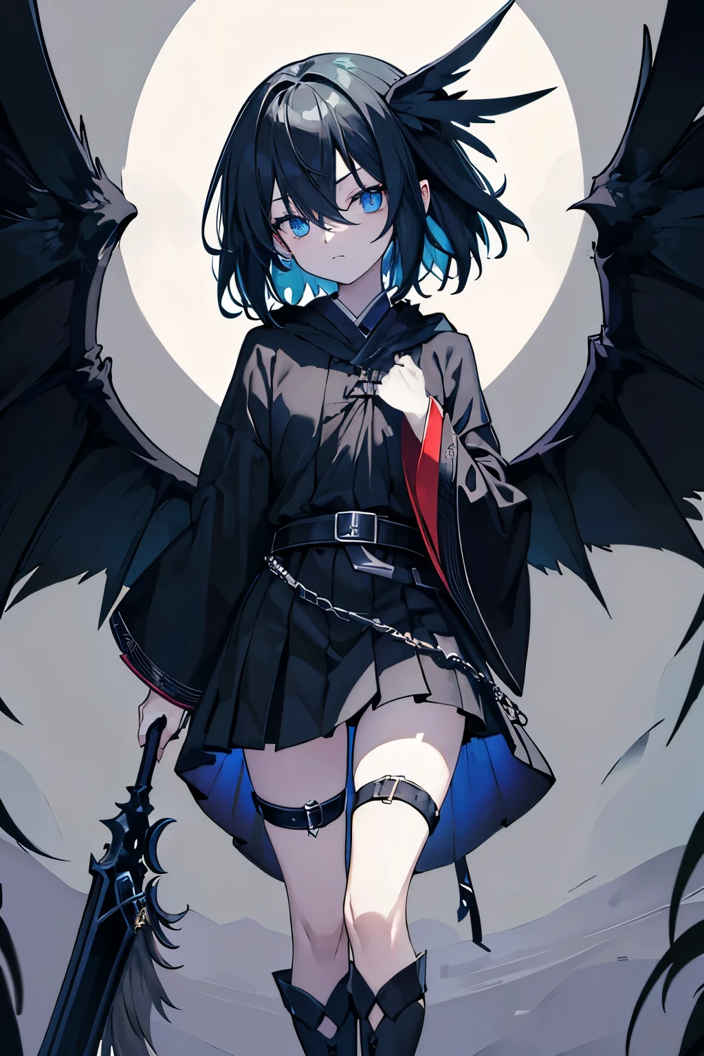 Gothic Harpie Fleeting Many children Bird legs Belt on torso Black hood Character portrait whole body Japanese anime hand drawn illustration