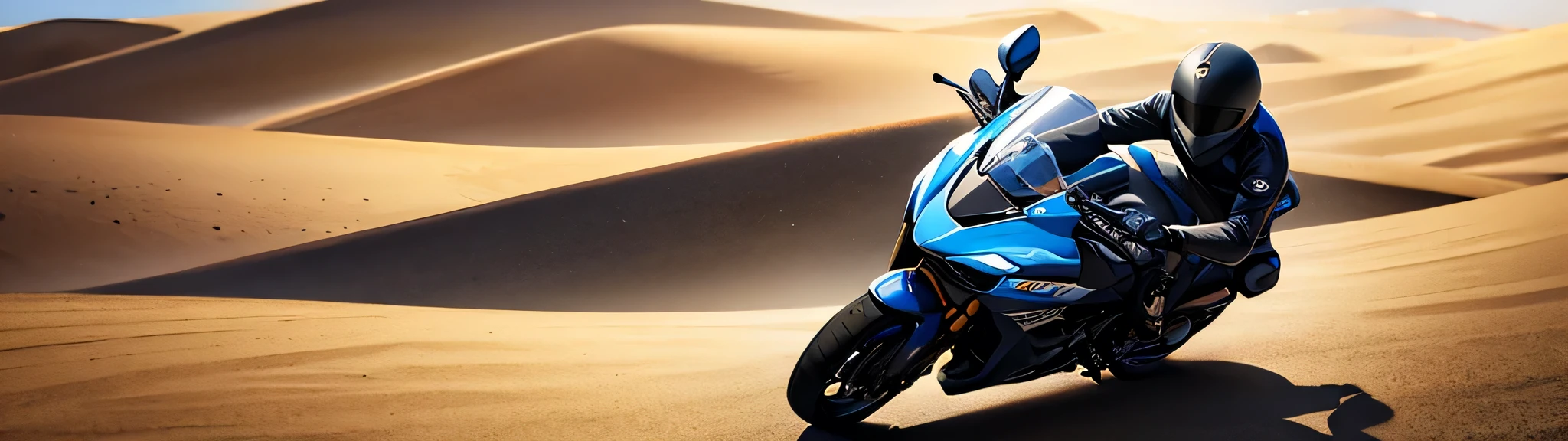 Someone is riding a motorcycle in the desert，No face，Embodying speed
