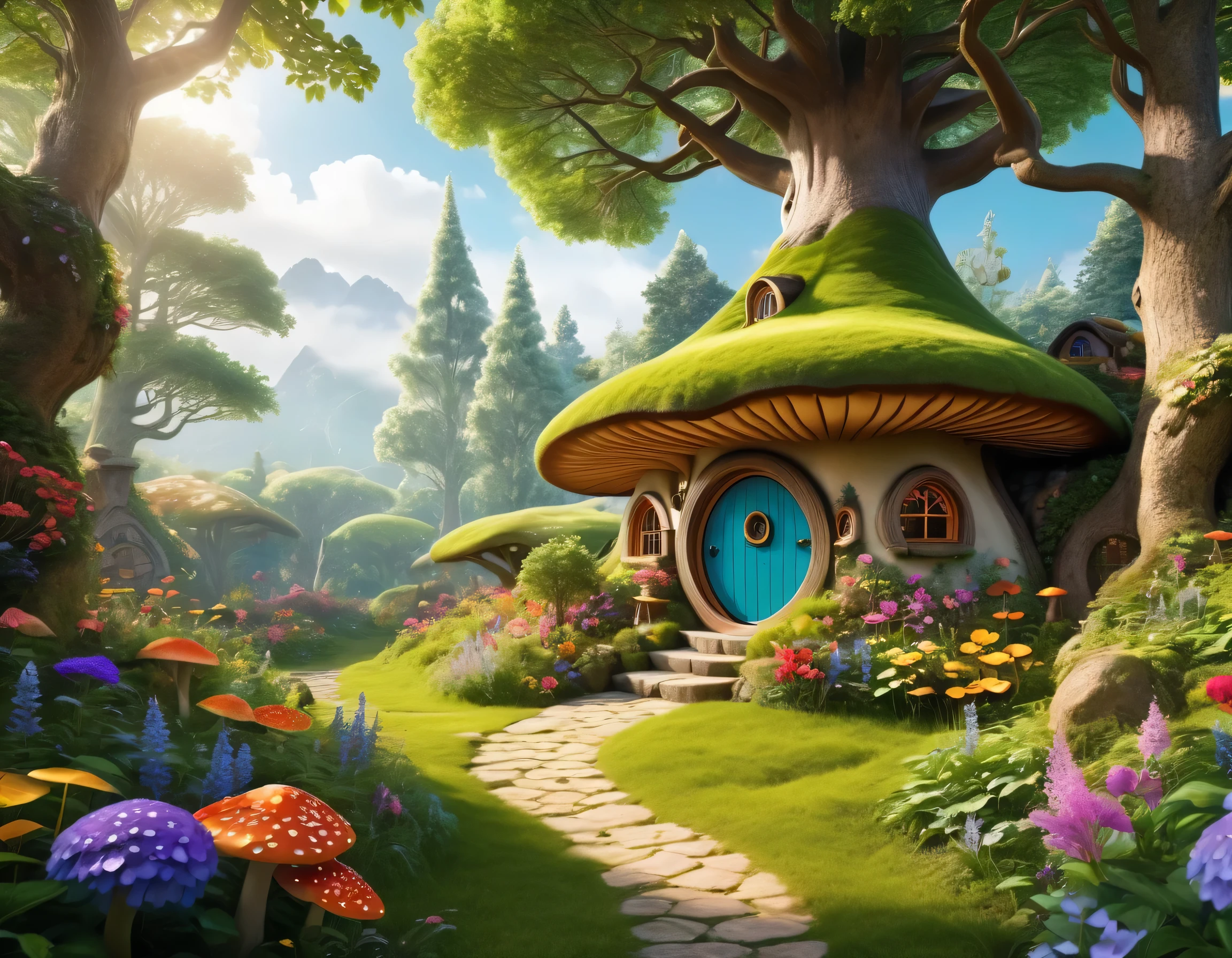 (Mysterious fantasy forest,Dense trees,A strange and cute little tree:1.5),Hobbit Cottage, vividly depicted in the work (best quality, 8k, Advanced Solutions, masterpiece: 1.2), With super detailed details, (1.4 倍Reality, Reality: 1.37). This dreamy forest is made up of bright colors,Bathed in the warm sunshine, create cheerfulness、whimsical atmosphere. The house was designed with great attention to detail, Featuring complex designs and unique architecture, Similar to a mushroom-shaped house。 (This dreamy forest is surrounded by lush greenery and colorful flowers), Enhance enchanting and magical environments。 The artwork demonstrates an illustrative style, Inspired by children's book illustrations, Ensures a charming and nostalgic touch. The color palette consists of bright rainbow colors, Seven colors,Evoke feelings of joy and playfulness. Lighting sets off the picturesque scene, Create soft, warm shadows,Add depth and warmth to artwork. Every detail is impeccably presented, Create visually stunning masterpieces,Capture the essence of Fantasy Forest.