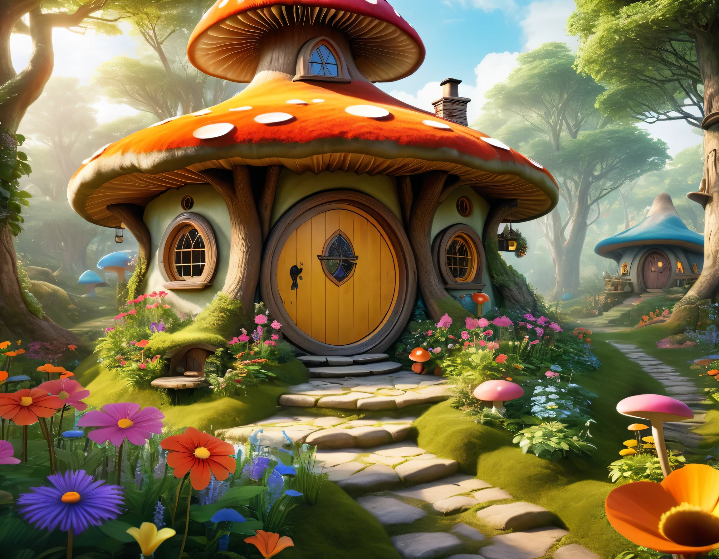 (Mysterious fantasy forest,Dense trees,A strange and cute little tree:1.5),Hobbit Cottage, vividly depicted in the work (best quality, 8k, Advanced Solutions, masterpiece: 1.2), With super detailed details, (1.4 倍Reality, Reality: 1.37). This dreamy forest is made up of bright colors,Bathed in the warm sunshine, create cheerfulness、whimsical atmosphere. The house was designed with great attention to detail, Featuring complex designs and unique architecture, Similar to a mushroom-shaped house。 (This dreamy forest is surrounded by lush greenery and colorful flowers), Enhance enchanting and magical environments。 The artwork demonstrates an illustrative style, Inspired by children's book illustrations, Ensures a charming and nostalgic touch. The color palette consists of bright rainbow colors, Seven colors,Evoke feelings of joy and playfulness. Lighting sets off the picturesque scene, Create soft, warm shadows,Add depth and warmth to artwork. Every detail is impeccably presented, Create visually stunning masterpieces,Capture the essence of Fantasy Forest.
