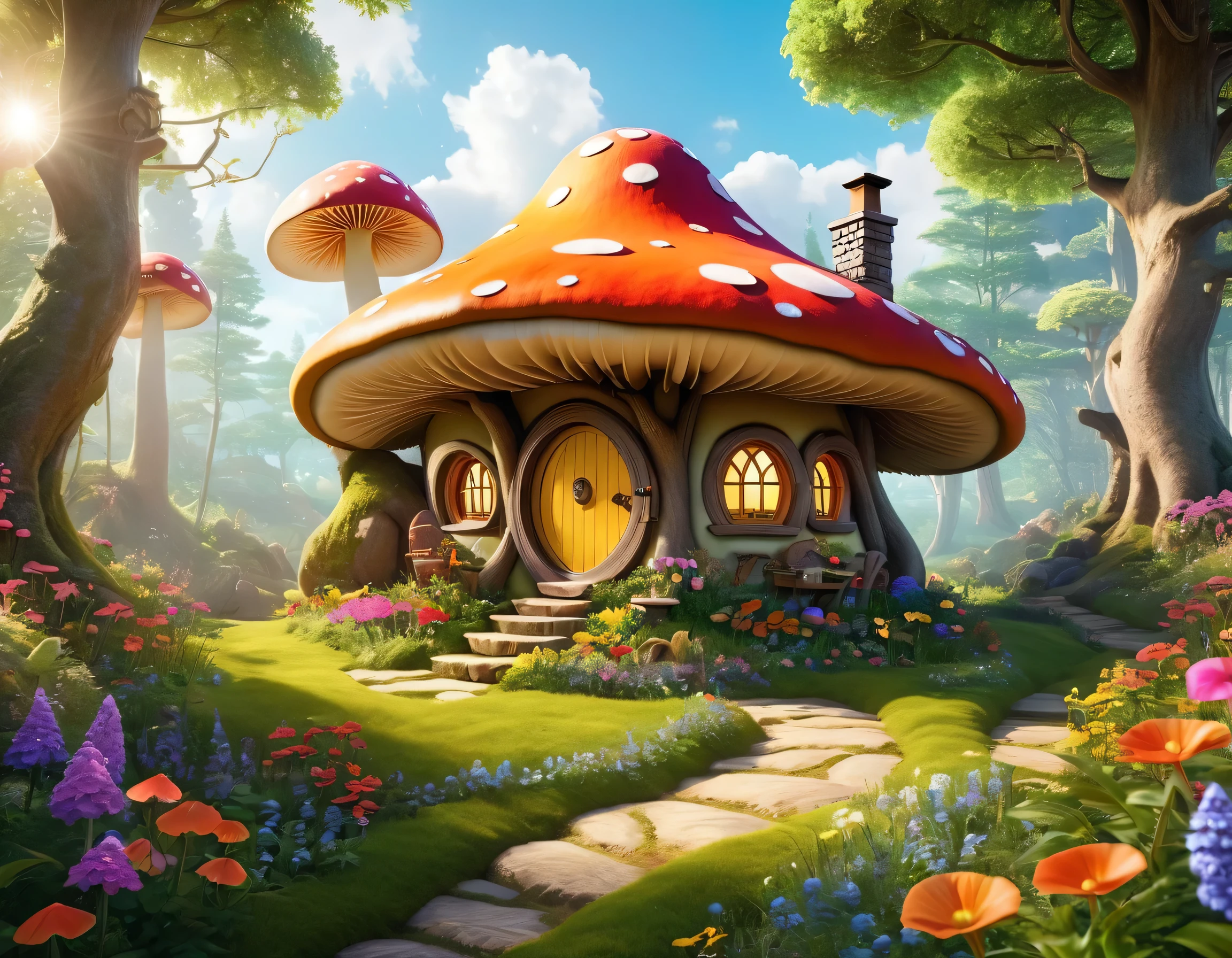 (Mysterious fantasy forest，Dense trees，A strange and cute little tree:1.5)，Hobbit Cottage, vividly depicted in the work (best quality, 8k, Advanced Solutions, masterpiece: 1.2), With super detailed details， (1.4 倍Reality, Reality: 1.37). This dreamy forest is made up of bright colors，Bathed in the warm sunshine, create cheerfulness、whimsical atmosphere. The house was designed with great attention to detail, Featuring complex designs and unique architecture, Similar to a mushroom-shaped house。 (This dreamy forest is surrounded by lush greenery and colorful flowers), Enhance enchanting and magical environments。 The artwork demonstrates an illustrative style, Inspired by children&#39;s book illustrations, Ensures a charming and nostalgic touch. The color palette consists of bright rainbow colors, Seven colors，Evoke feelings of joy and playfulness. Lighting sets off the picturesque scene, Create soft, warm shadows，Add depth and warmth to artwork. Every detail is impeccably presented, Create visually stunning masterpieces，Capture the essence of Fantasy Forest.