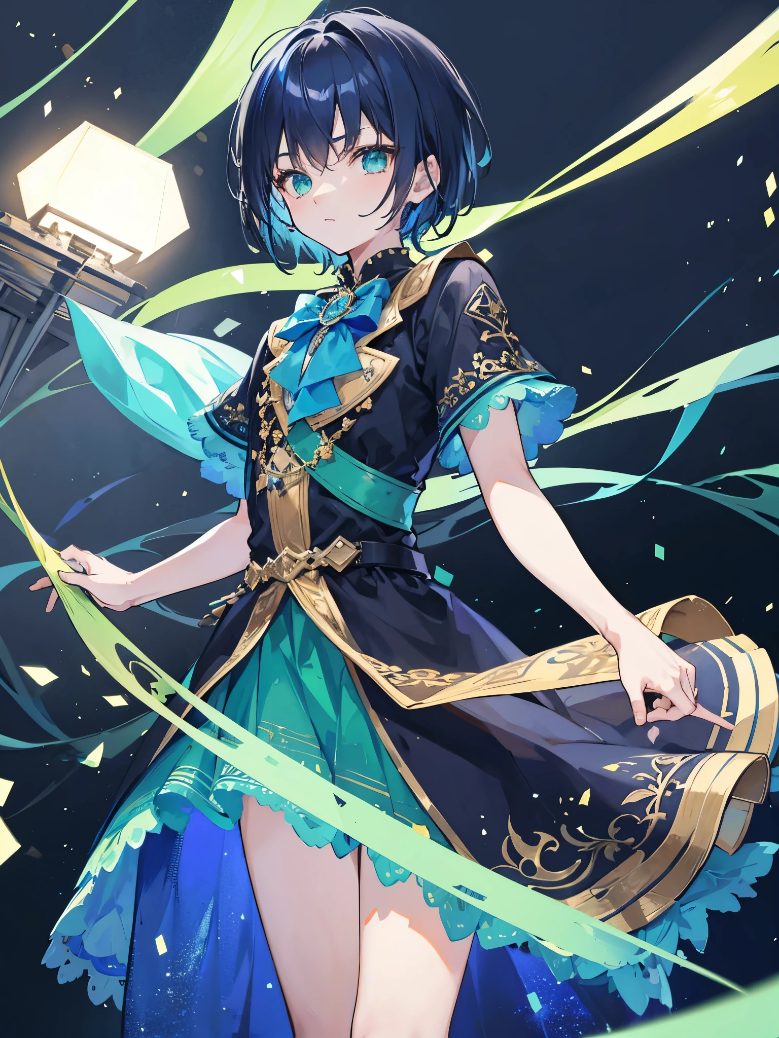 a boy, dark blue hair, male short hair, green eyes, idol costume, dress
