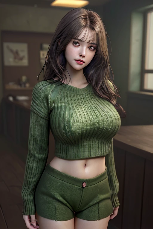 {{masterpiece, best quality, extremely detailed CG, unity 8k wallpaper, cinematic lighting, }},1 busty girl in green sweater and shorts,full body, best quality,perfect details,medium brown hair,calm face